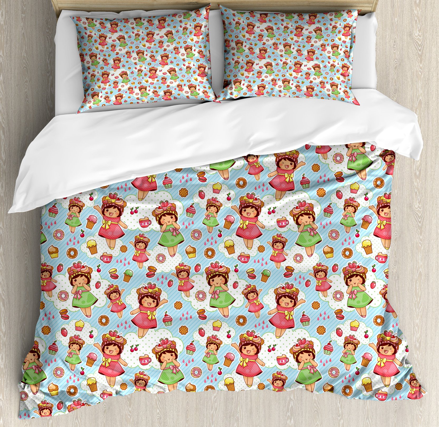 Ambesonne Anime Duvet Cover Set - Japan Inspired Vintage Kawaii Characters with Clouds, Donuts & Stripes Cartoon Art - 3 Piece King Size Bedding Set with 2 Pillow Shams - Perfect for Anime Fans' Bedroom Decor & Themed Sleepovers