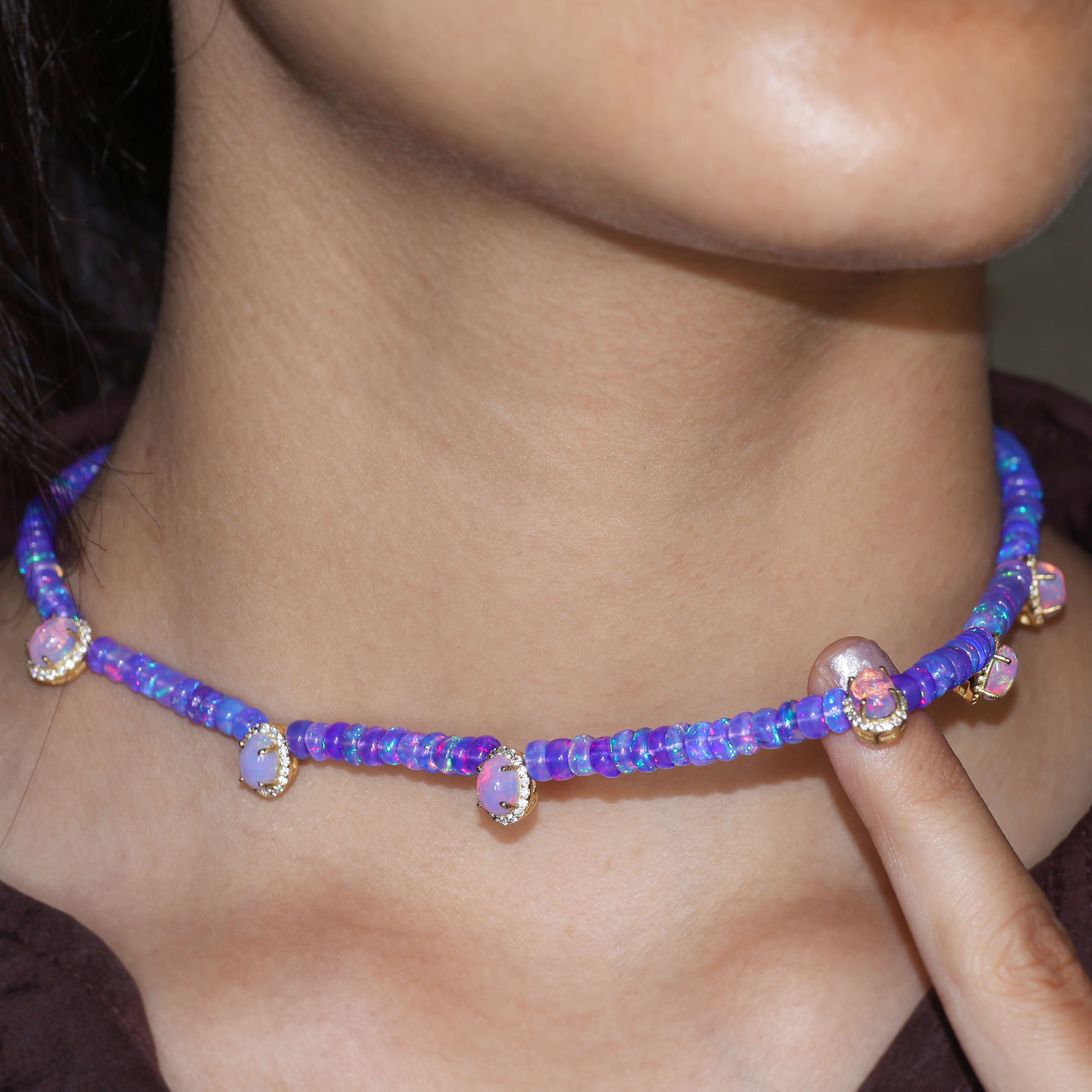 Luxury Designer Lavender Opal Bead Necklace with White Zircon Stones - Elegant Jewelry for Weddings, Parties & Special Occasions
