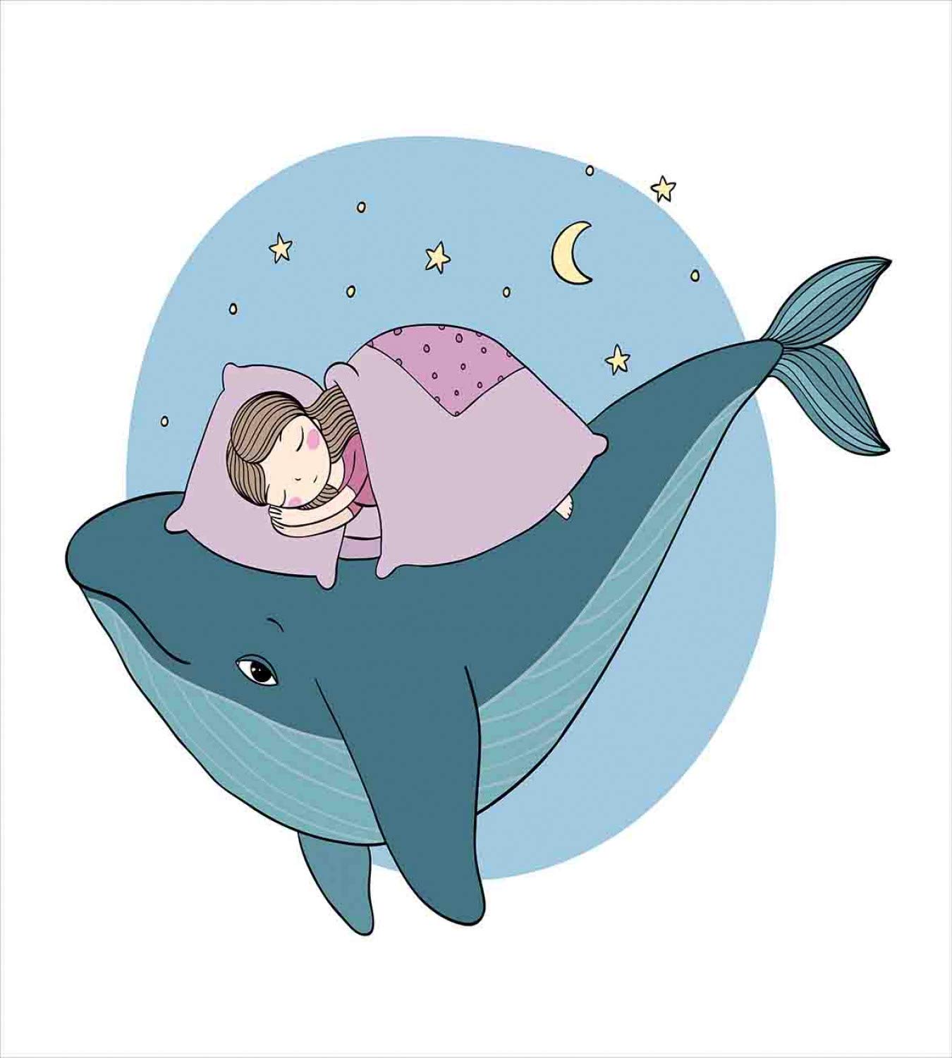 Ambesonne Whale Duvet Cover Set - Queen Size 3-Piece Bedding with 2 Pillow Shams, Fantasy Ocean Theme with Sleeping Character on Fish Bed in Night Sea Illustration, Yellow Lilac Blue - Perfect for Coastal, Nautical or Kids' Bedroom Decor