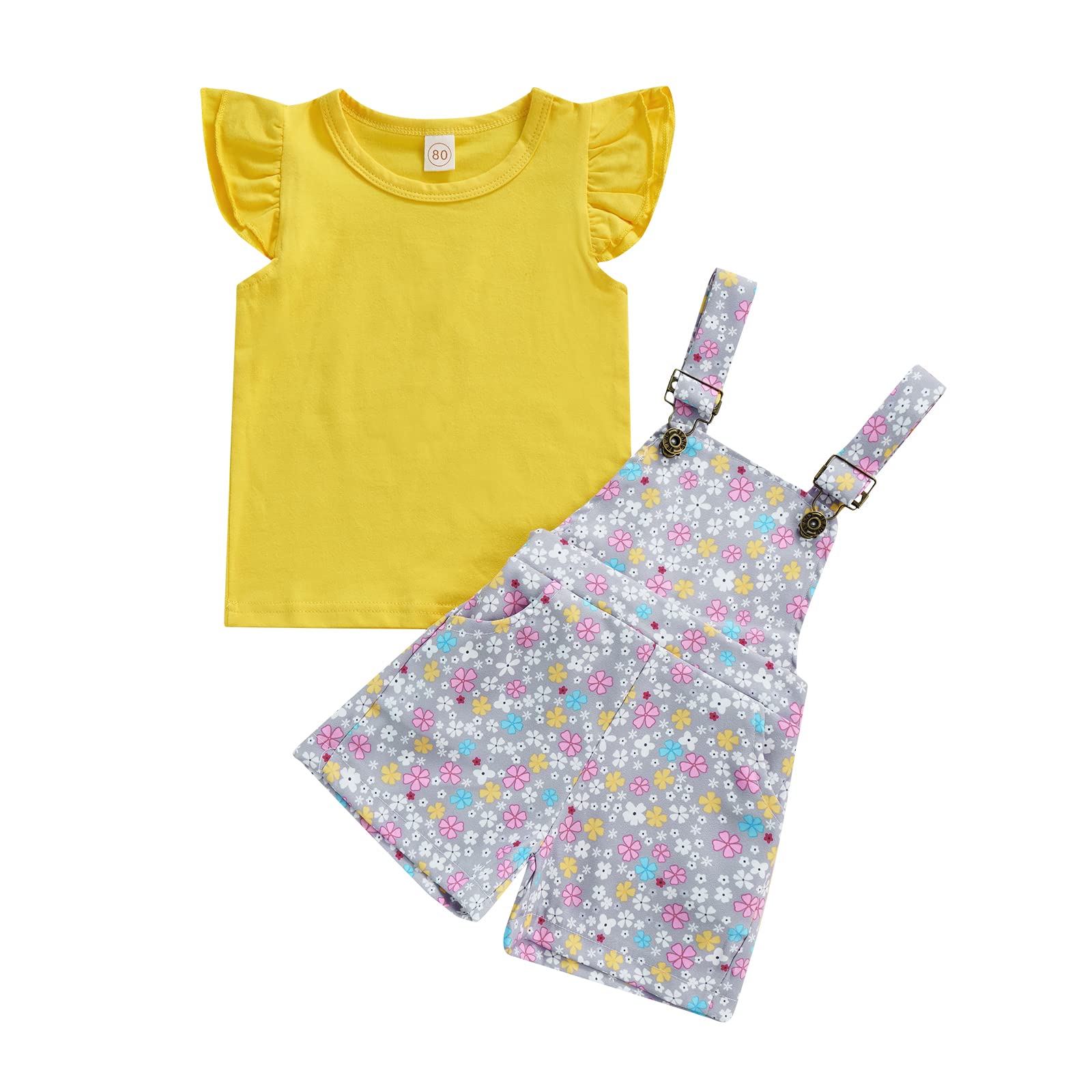 Toddler Baby Girl Outfit - Flutter Sleeve T-Shirt & Floral Suspenders Overalls Shorts | Summer Clothes for Playdates, Outdoor Adventures & Photo Shoots