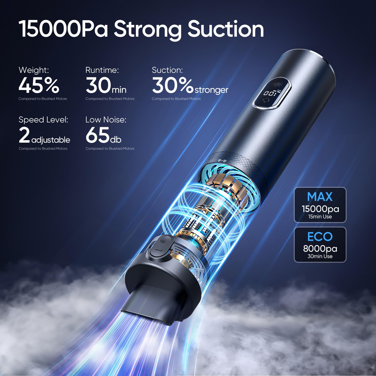 15000Pa High Power Cordless Handheld Car Vacuum Cleaner with LED Display - 2 Speed Modes, 30 Min Runtime, 150ml Dust Cup - 4-in-1 Portable Mini Vacuum for Car Detailing, Home Cleaning & Office Use - Perfect for Upholstery, Pet Hair, Crumbs & Small Spaces