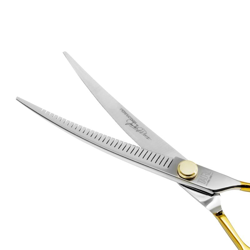 Premium Tauro Pro Line Hair Cutting Scissors - Curved & Thinning Shears, 440C Stainless Steel with Golden Handles (32 Teeth) - Professional Stylist Tools for Salon, Barber & Home Haircuts