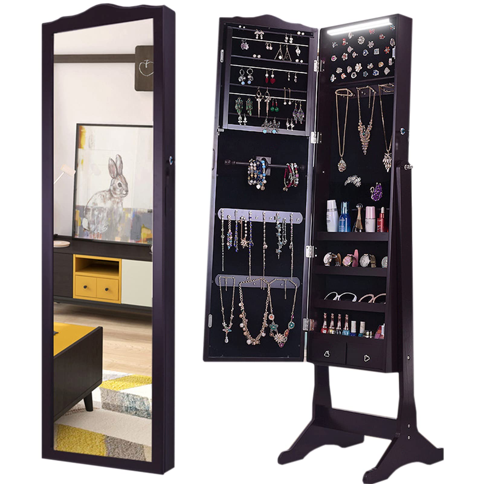 Vertical Wall Mounted Full Length Mirror with Jewelry Storage - Dual Purpose Floor & Wall Mirror for Home Decor, 160x37x9.5cm, Brown - Perfect for Bedroom, Dressing Room & Jewelry Organization