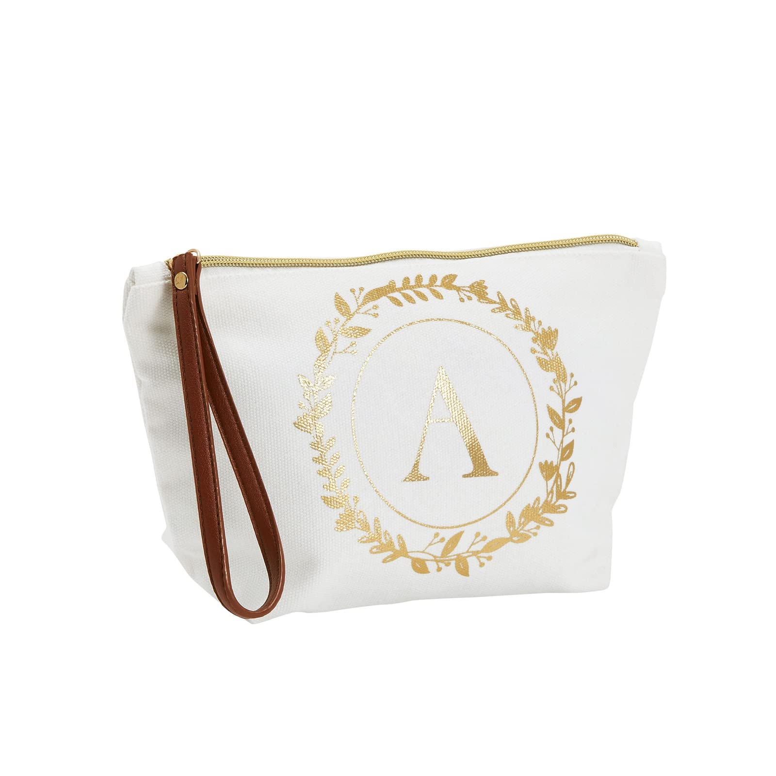 Personalized Gold Initial A Monogram Makeup Bag for Women - Custom Canvas Cosmetic Pouch Travel Organizer (White, 10 x 3 x 6 Inches) - Perfect Gift for Bridesmaids, Birthday & Travel Essentials Storage