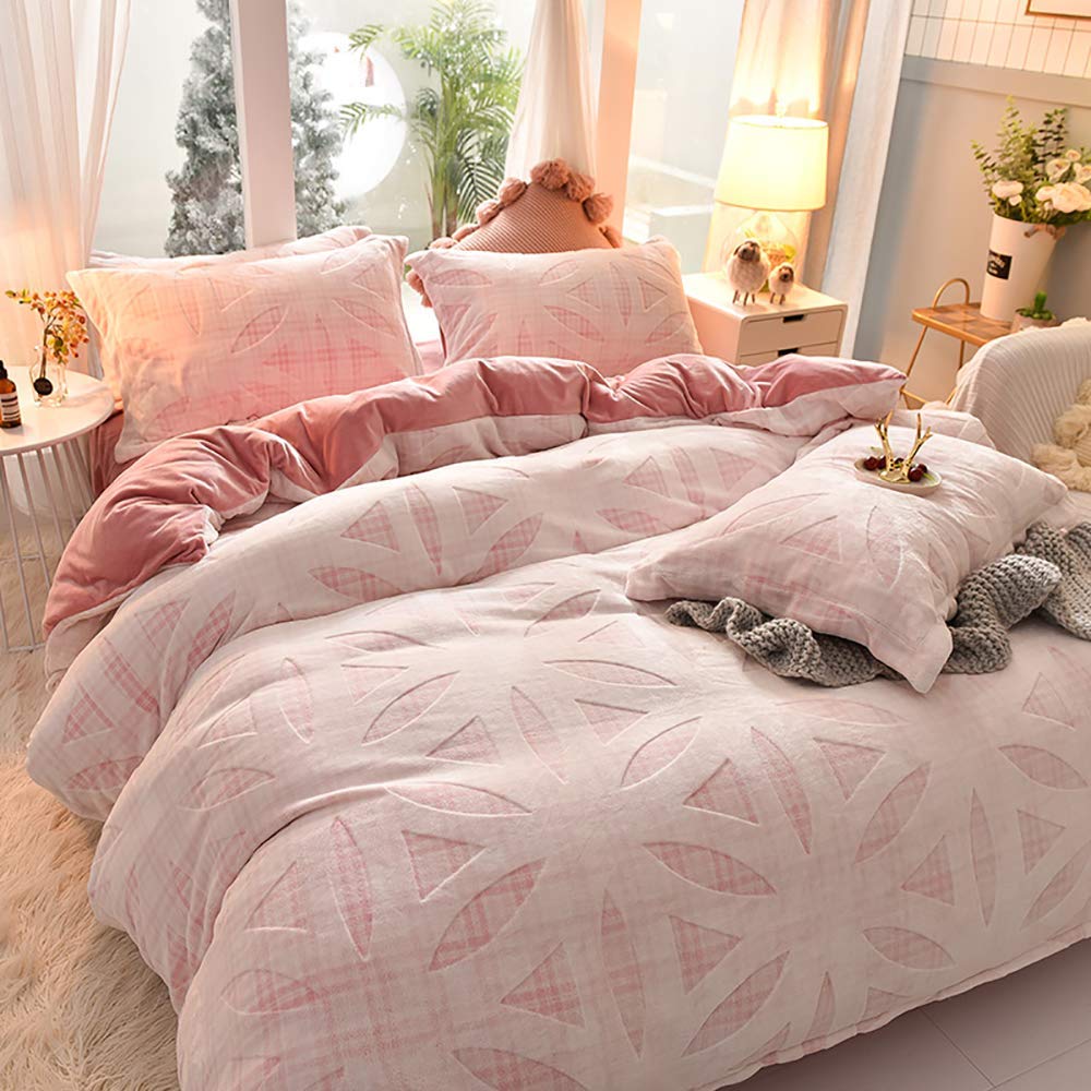 King Size Grey & Pink Flannel Duvet Cover Set - Soft Warm Winter Bedding with Fitted Sheet - Perfect for Cozy Bedrooms, Guest Rooms & Cold Weather Comfort