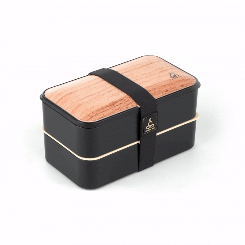 Bento Tek 41 oz Wood Grain & Black Buddha Box - All-in-One Lunch Container with Utensils & Sauce Cup (7.25