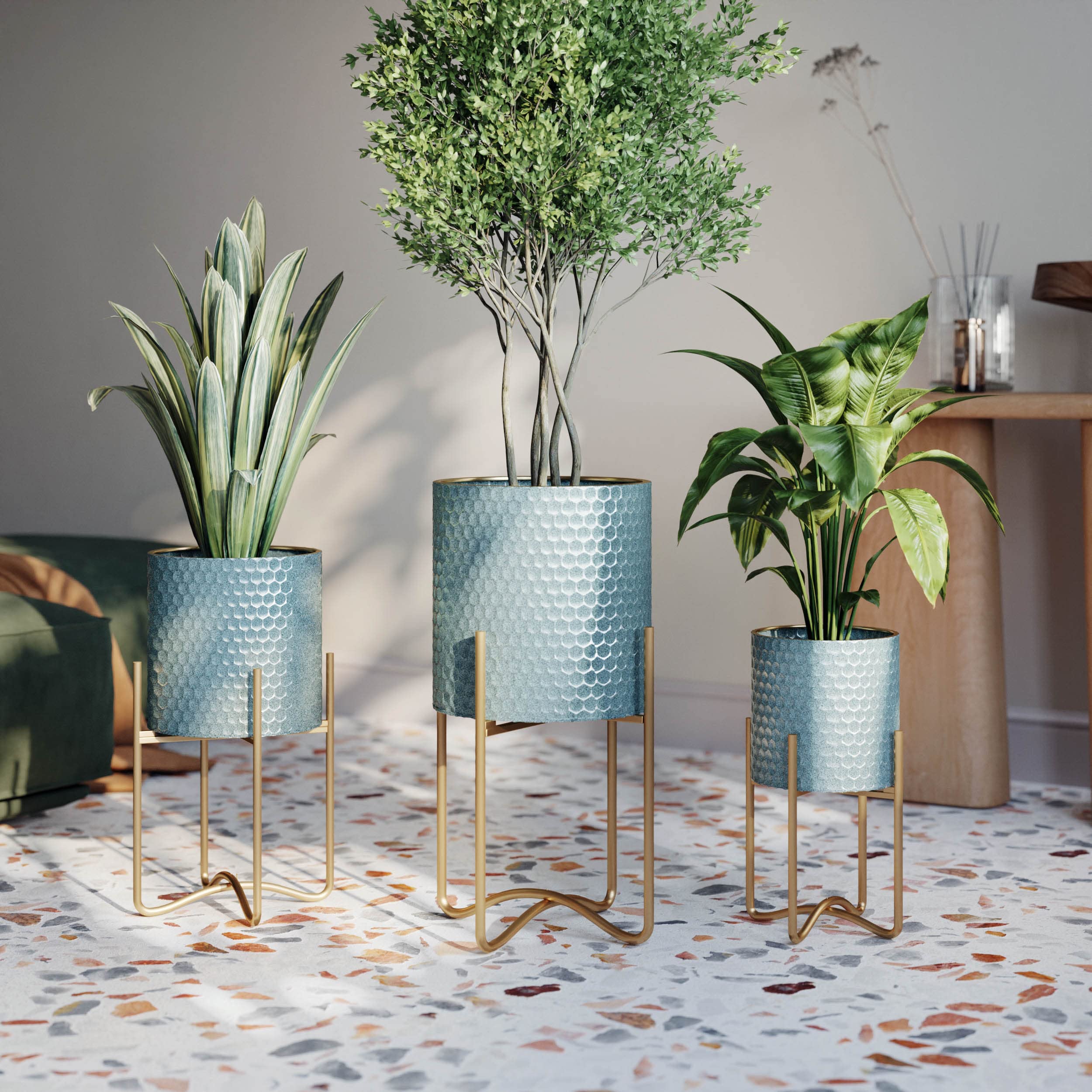 EverNest Mid-Century Modern Rhys Honeycomb Embossed Planter Pot with Ambrose Stand - Set of 3 Metal Indoor Planters in Blue Green Bohemian Style | Perfect for Home Decor, Living Room, Office & Boho Interior Design