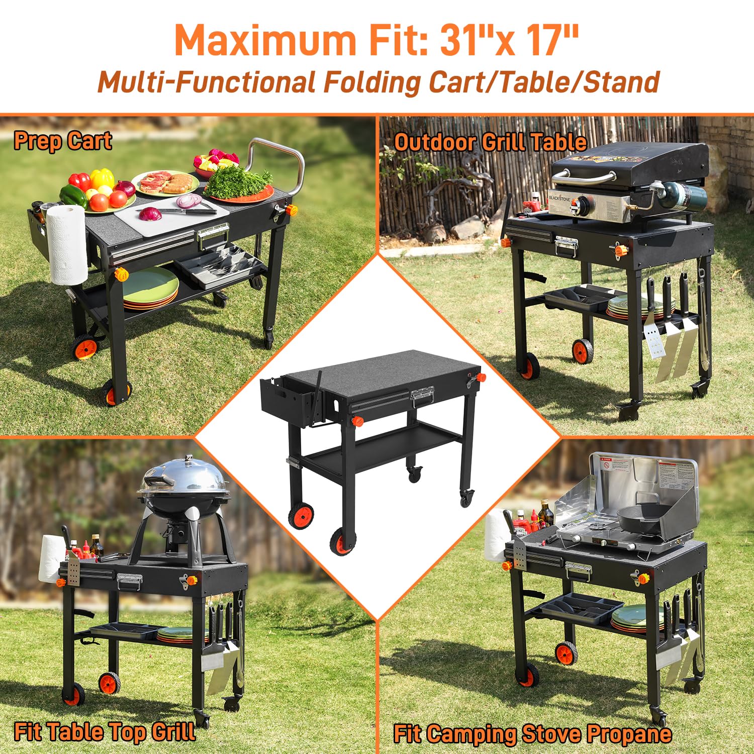 Portable Outdoor Grill Table Stand - Folding Prep Station for 17