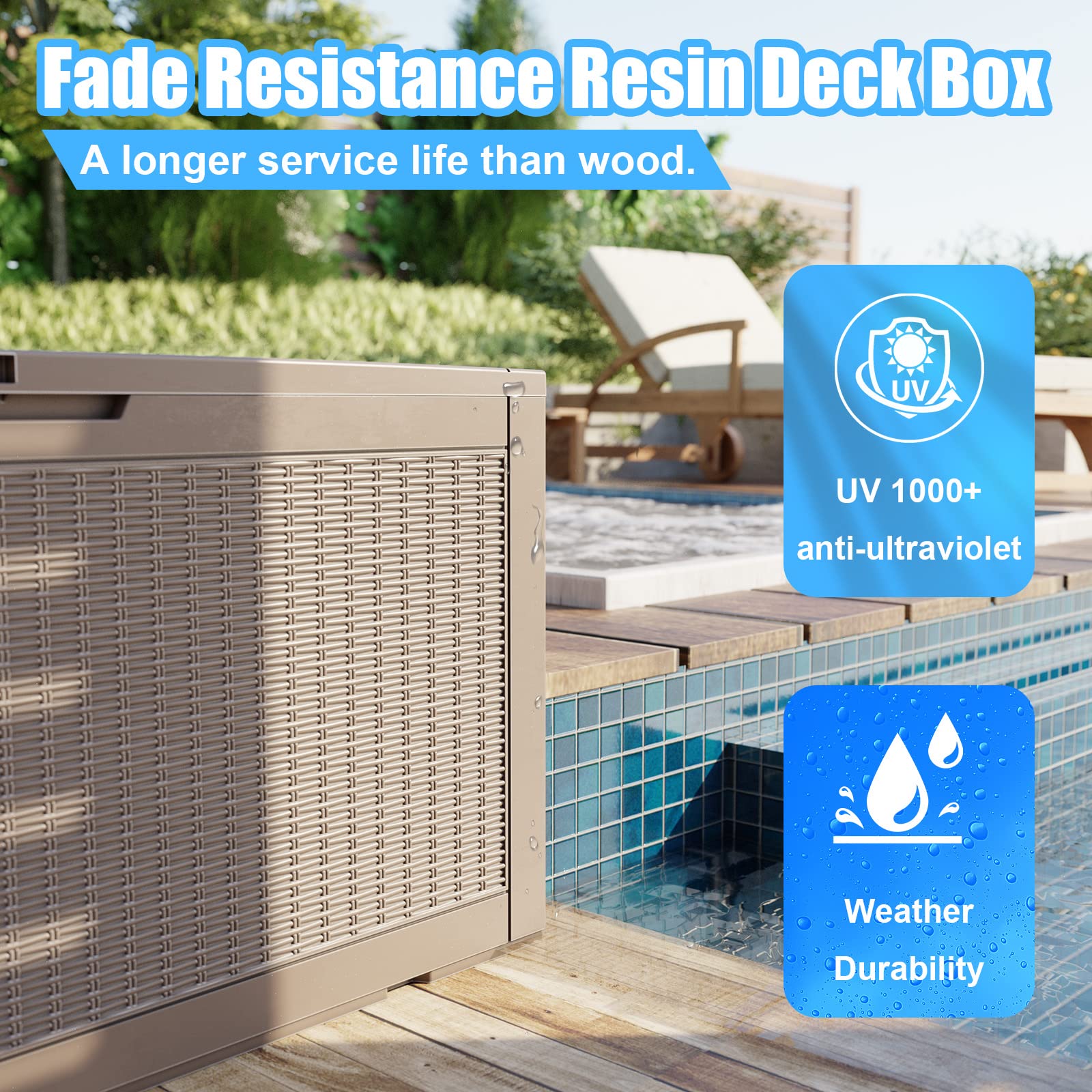 ROJIK 100 Gallon Outdoor Storage Deck Box - Waterproof Patio Furniture Cover, Garden Tools Organizer, Pool Accessories & Cushions Storage Bench with Lockable Lid & Side Handles (Cappuccino) - Perfect for Backyard, Deck, Poolside & Garden Organization