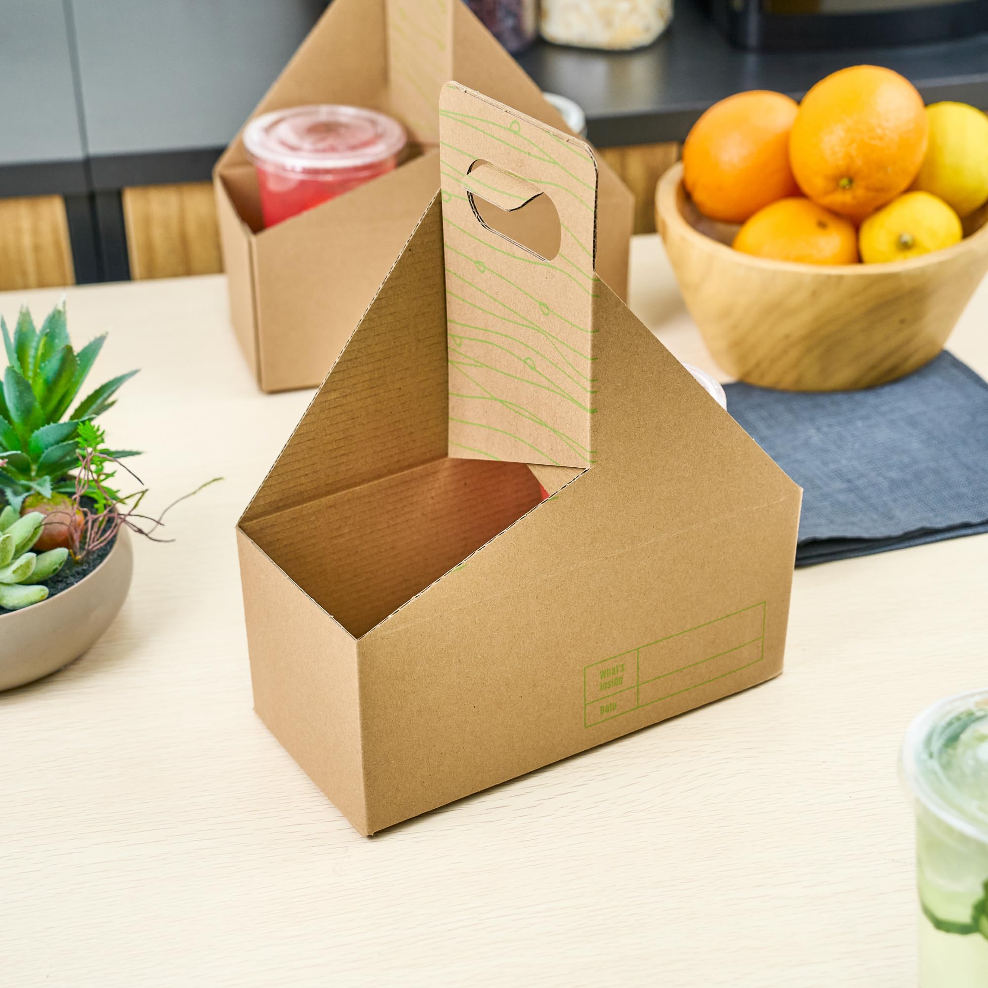 Restaurantware Cater Tek 100-Pack Disposable Cup Carriers with Handles - Kraft & Green Paper Drink Holders for 2 Cups, Perfect for Delivery, Takeout, Coffee Shops, and Beverage Businesses