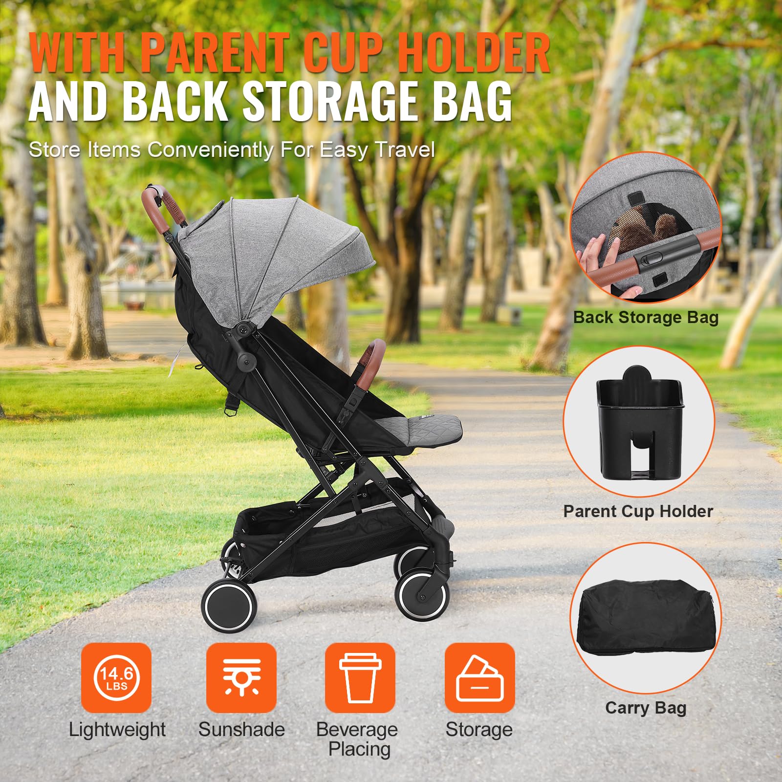 VEVOR Baby Stroller with Adjustable Backrest (95°-150°) & Footrest (0°/90°), One-Click Fold, Cup Holder & Carry Bag - Dark Grey - Perfect for Newborns to Toddlers, Ideal for Shopping, Travel & Daily Walks