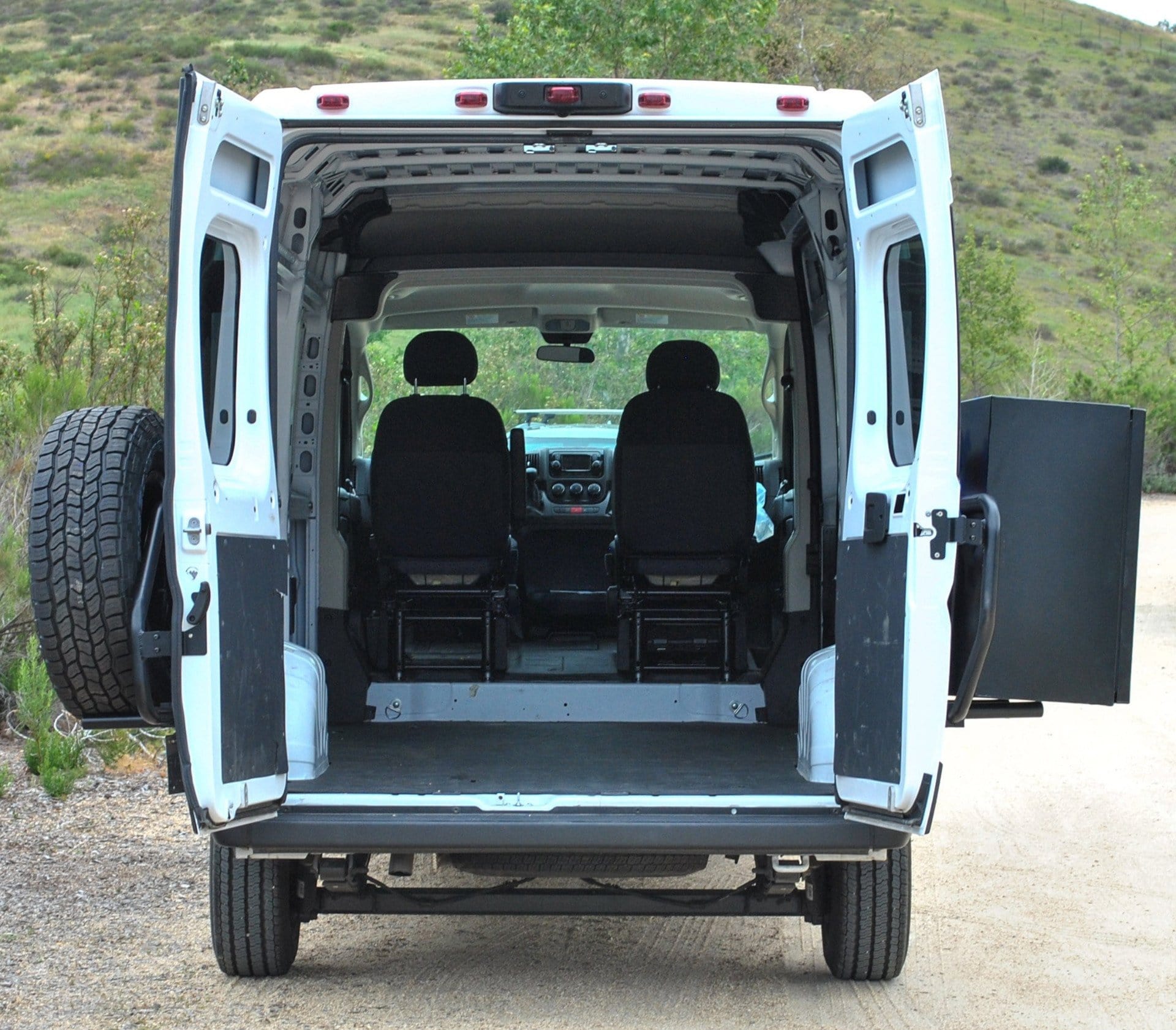 Aluminess Ram ProMaster Driver Side Tire & Storage Box Carrier - Heavy Duty Off-Road Accessory for Van Camping & Overlanding Adventures