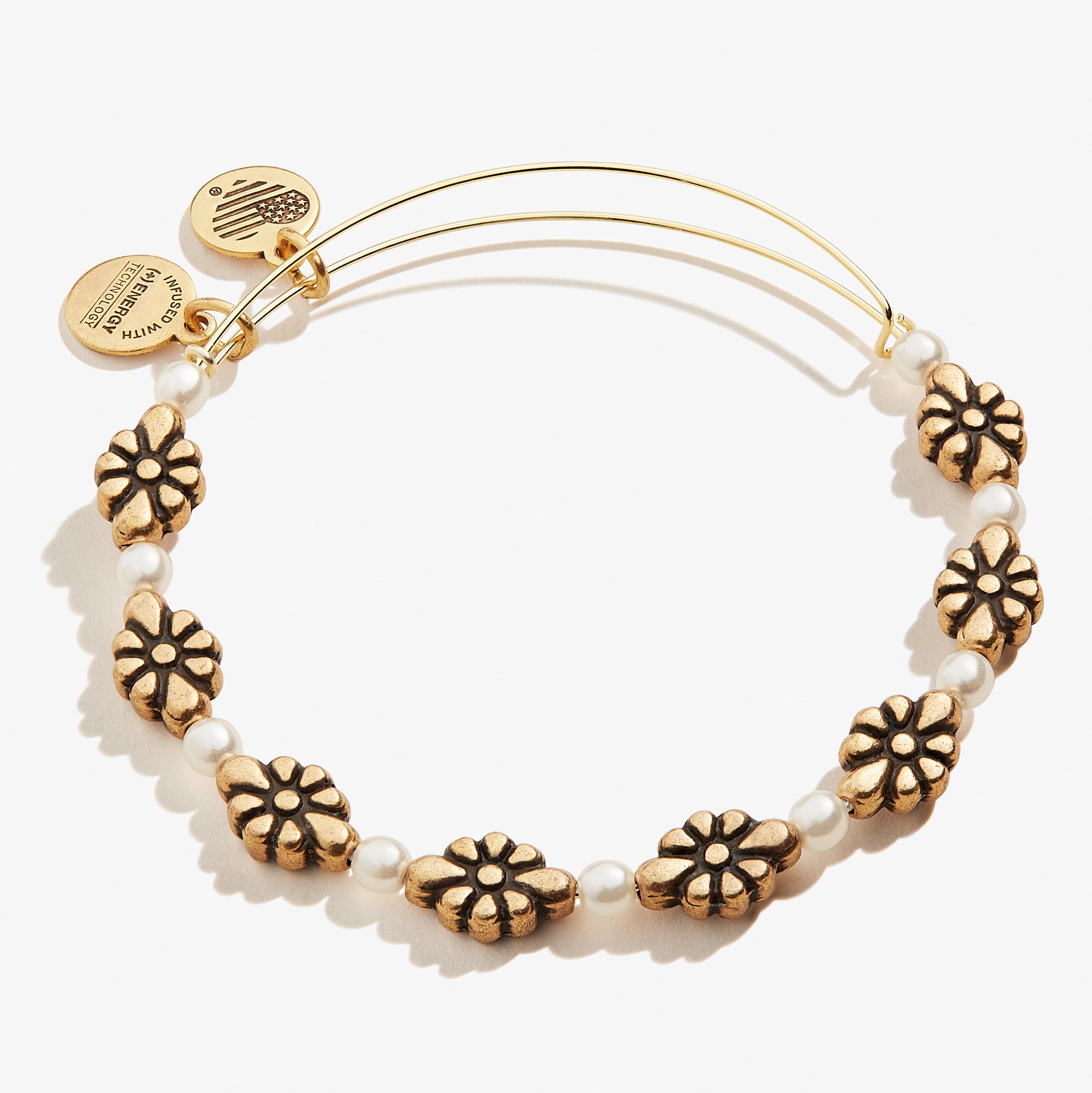Daisy and Pearl Motif Charm Bangle Bracelet for Women - Elegant Fashion Jewelry Gift for Birthday, Anniversary, Party & Special Occasions