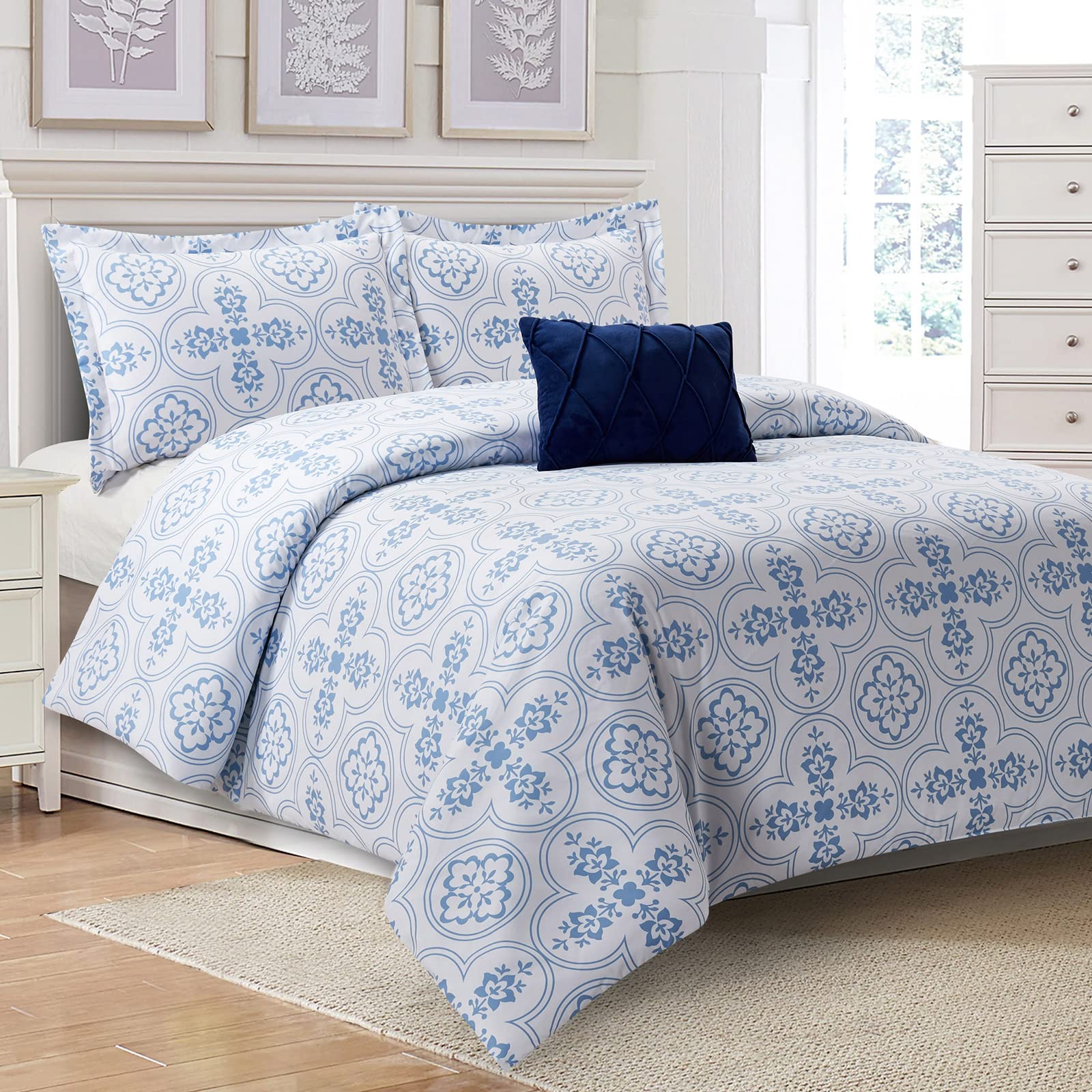 Style Quarters King Size Comforter Set - Magnificent European Design Royal Blue 100% Polyester 4pc Bedding Set (1 Comforter, 2 Pillowcases, 1 Decorative Pillow) for Luxury Bedroom Decor & Master Suite Upgrade