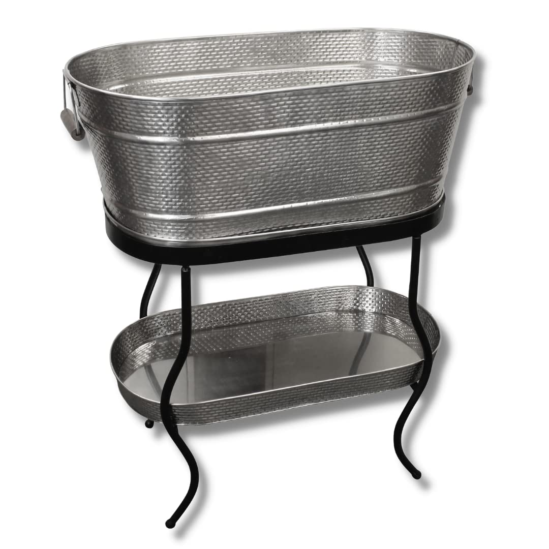 TableCraft GTSS2313N 12.75 Gallon Brickhouse Beverage Tub Set with Stand - Stainless Steel & Wood Cooler for Parties (27.5