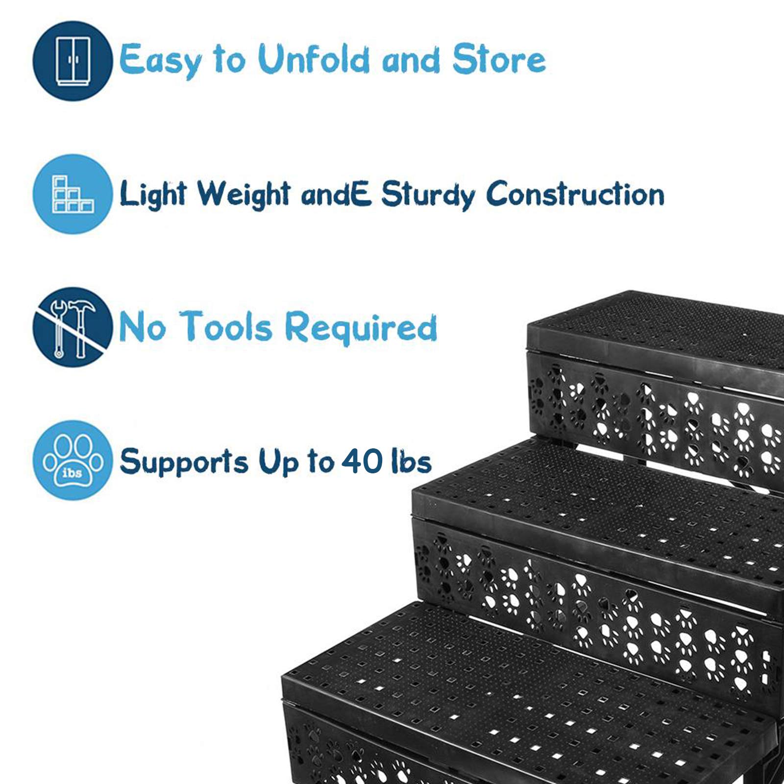 Pet Stairs for Dogs & Cats - 3-Step Soft Padded Ladder for Sofa/Bed - Lightweight & Portable, Supports 40lbs