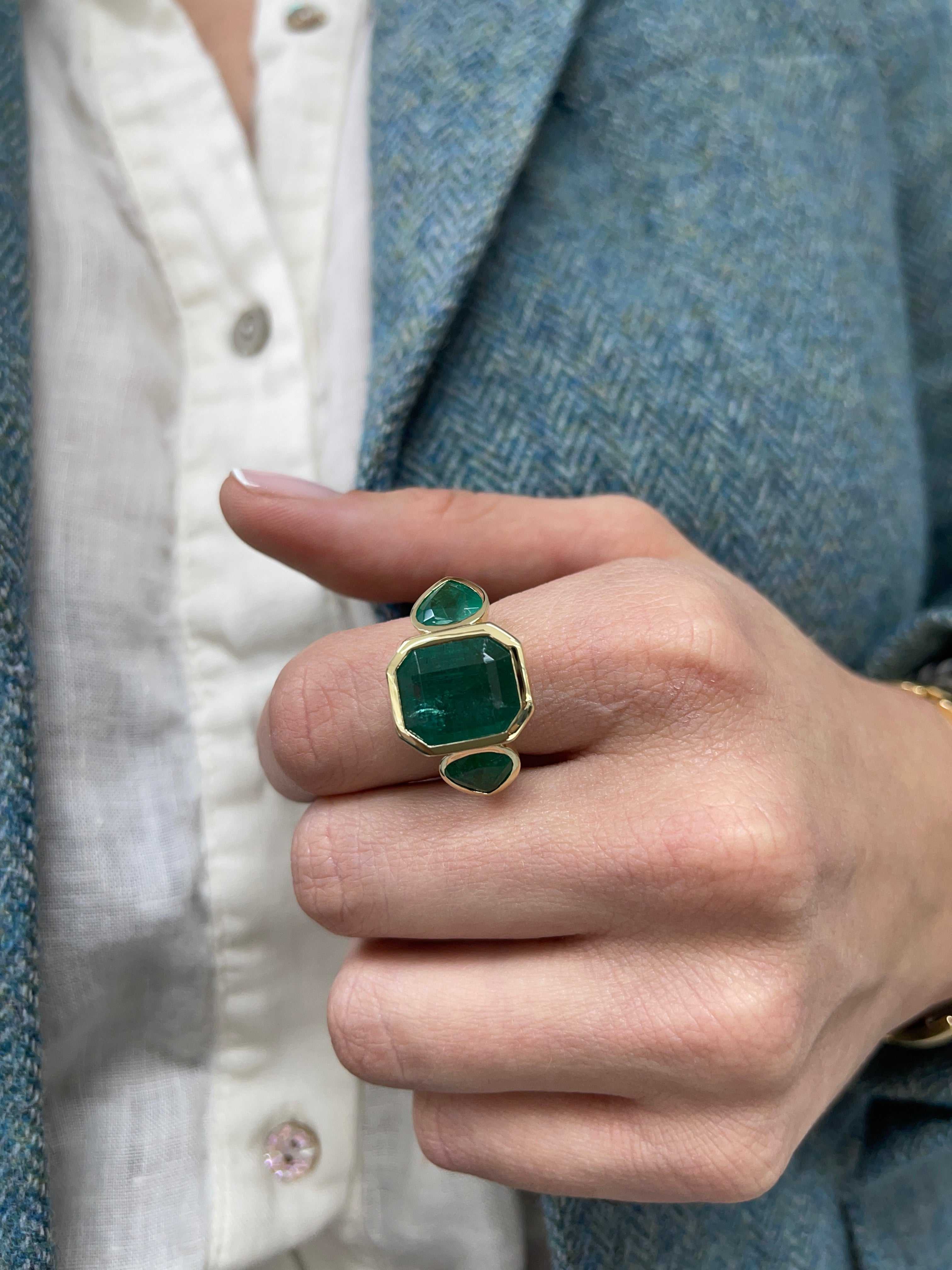 15.44tcw Three Stone Emerald Ring - 11.32 Carat Zambian Emerald with Pear Cut Accents in 18K Gold | Elegant Jewelry for Weddings, Anniversaries & Special Occasions