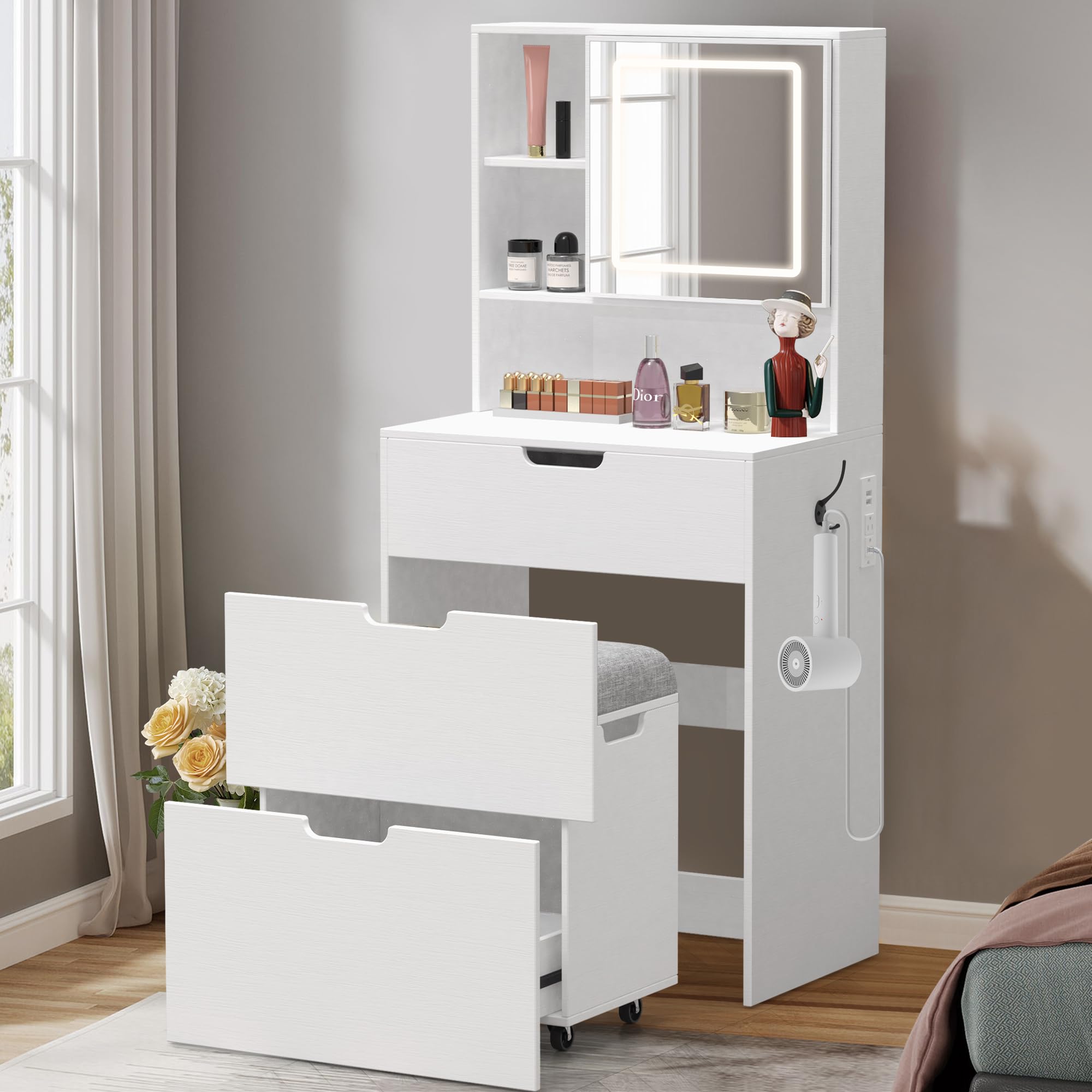 Compact White Makeup Vanity Set with 3 Adjustable LED Mirrors, Storage Chair & Power Outlets - Space-Saving Dressing Table for Small Bedrooms, Apartments & Dorm Rooms - Perfect for Daily Beauty Routine & Makeup Organization