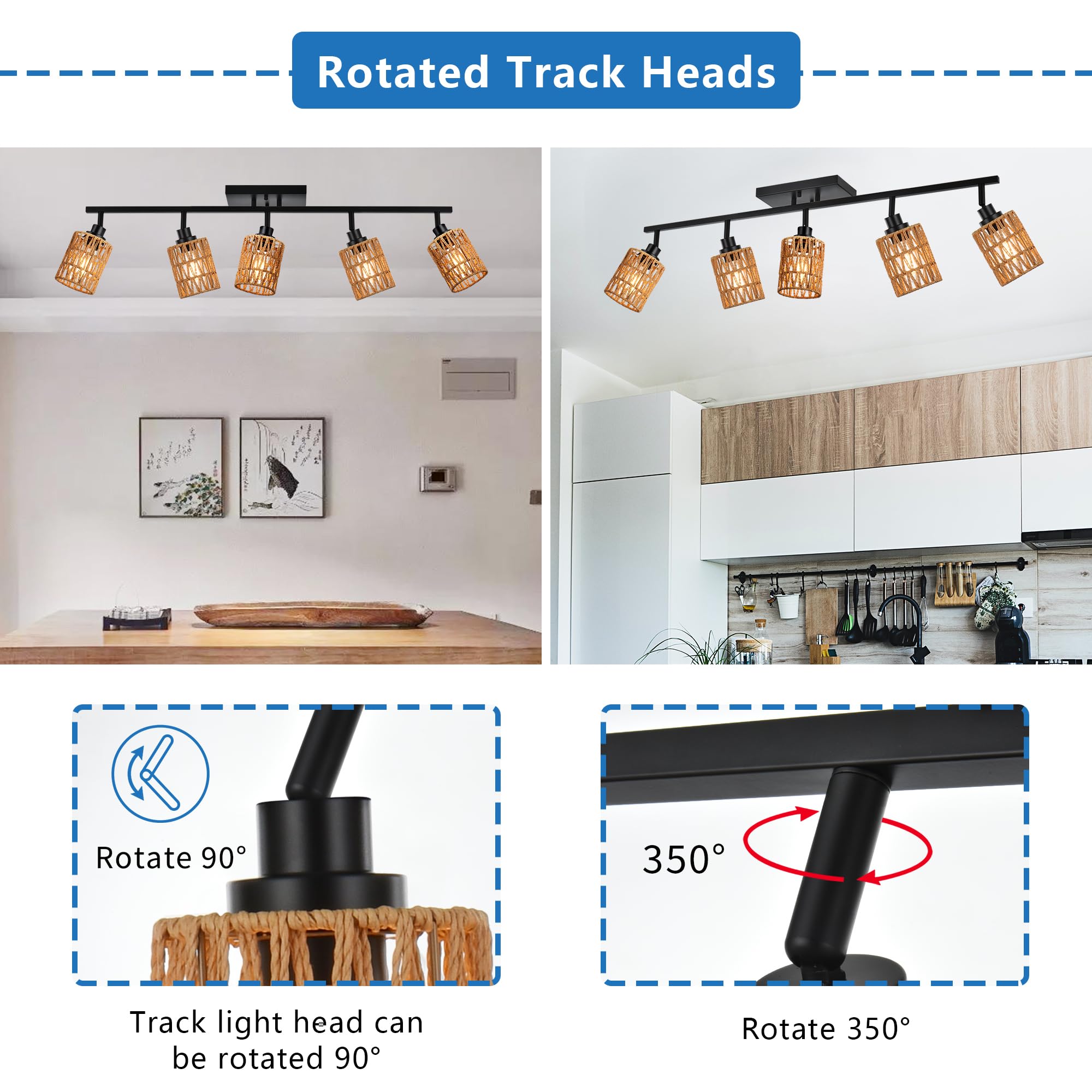 MELUCEE 5-Light Black Track Ceiling Light Fixture with Rattan Shade - Farmhouse Vanity Lighting for Bathroom, Hallway, Porch & Foyer - Adjustable Rotatable Spotlight Heads for Perfect Ambience