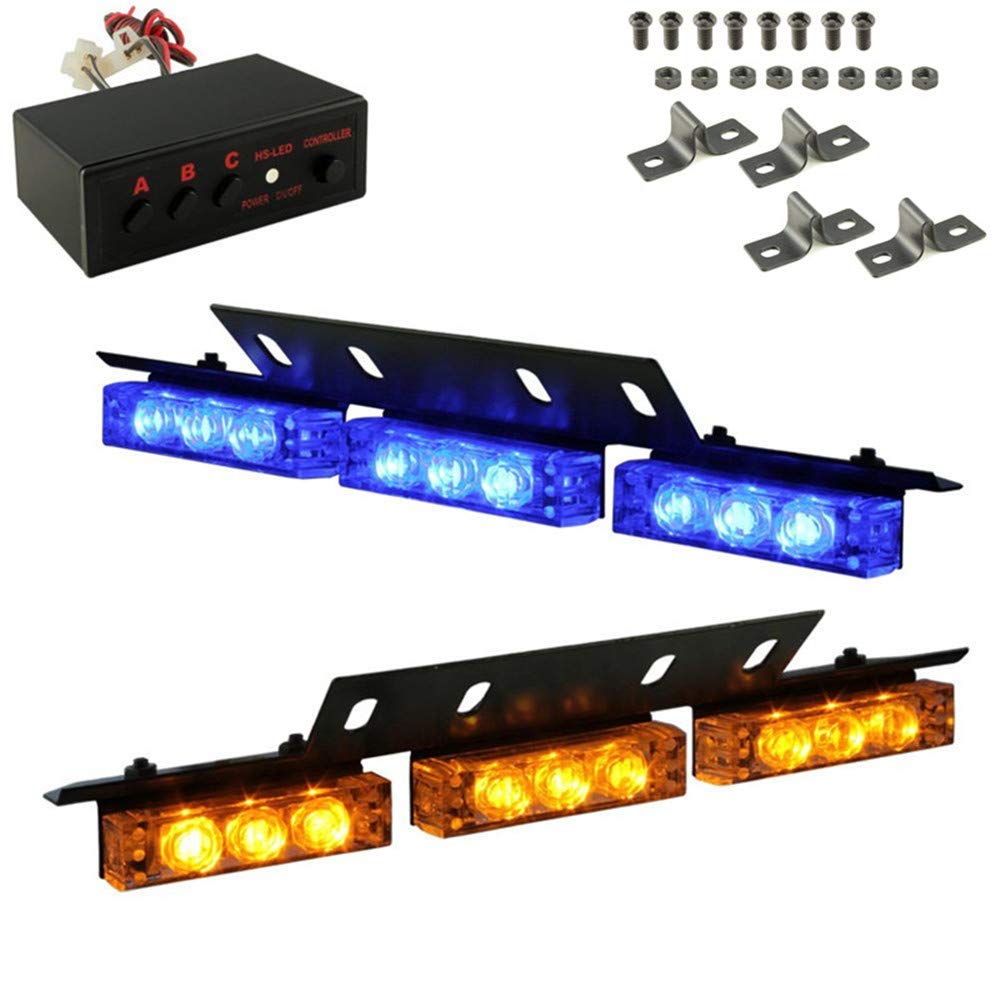 18 LED High-Intensity Emergency Strobe Light Bar - Blue/Amber Hazard Warning Lights for Police, Security & First Responders - Perfect for Dash, Windshield & Interior Vehicle Safety Lighting
