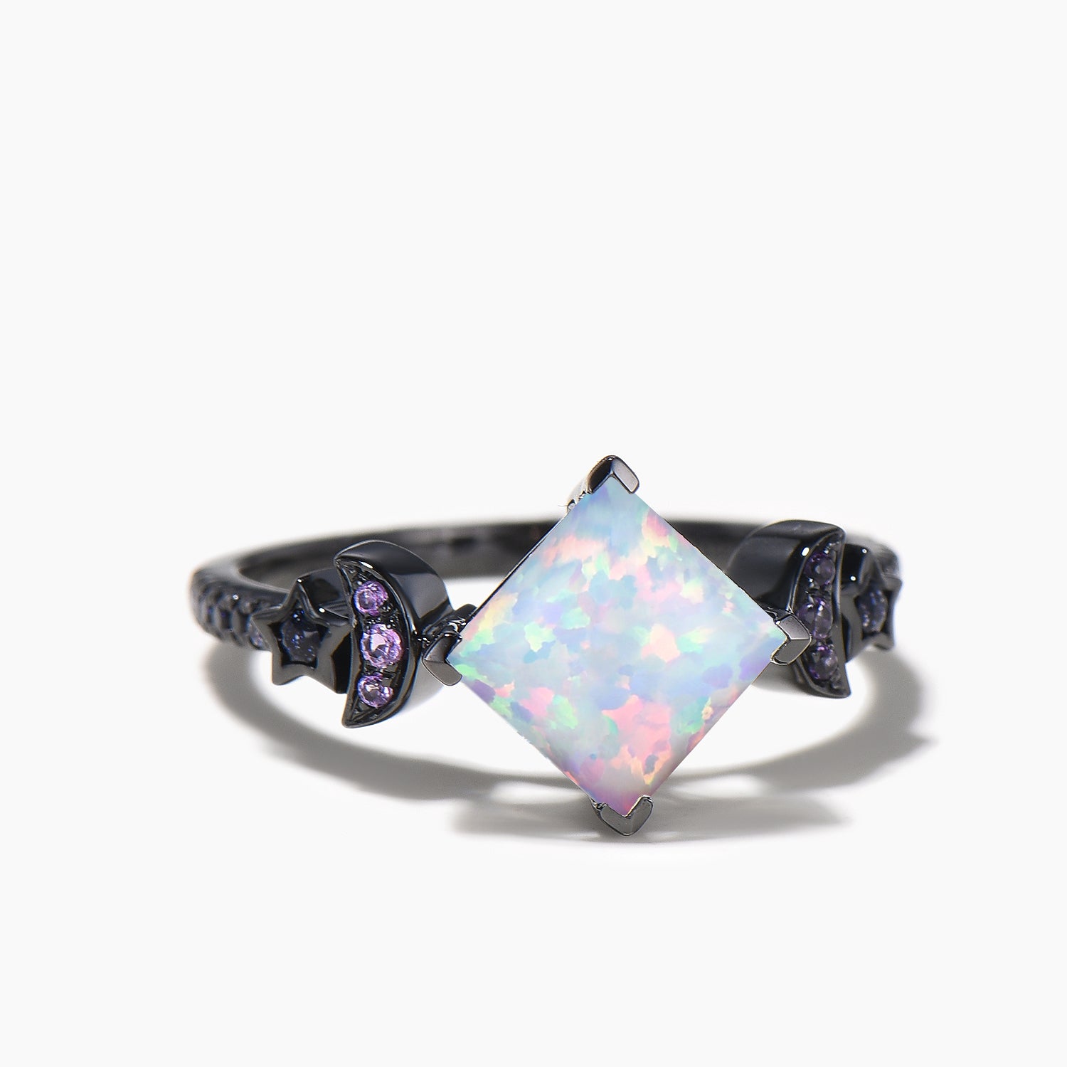 Princess Cut Opal Engagement Ring in Black Gold with Moon & Star Amethyst Sandstone Accents - Perfect for Wedding Proposals, Anniversary Gifts & Romantic Occasions