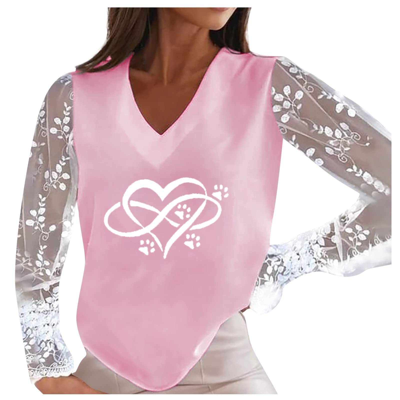 Trendy Women's Casual Lace Patchwork Valentine's Day Heart Print V-Neck Blouse Sweatshirt - Plus Size Tops for Valentine's Date, Party & Casual Wear