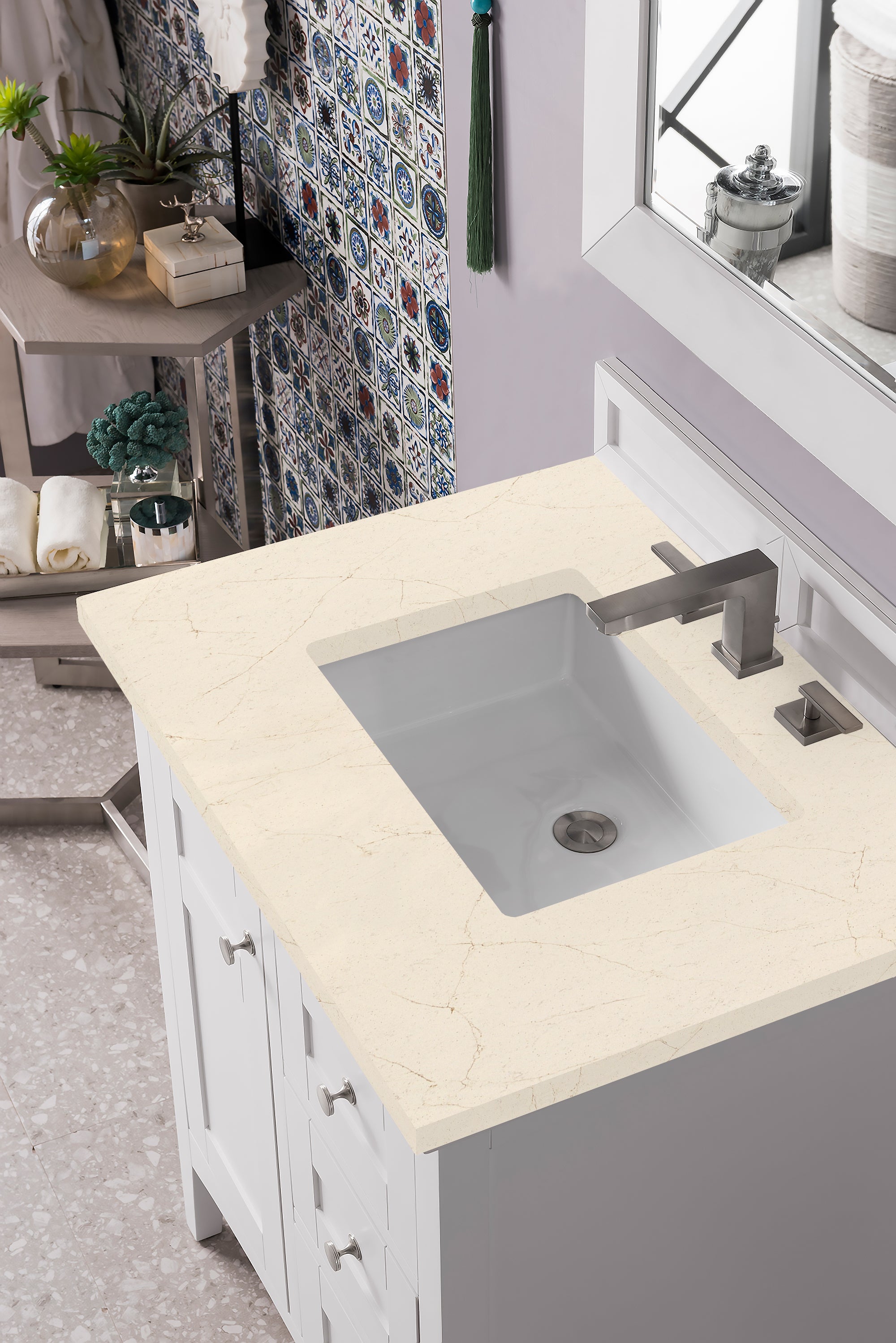 Palisades 30 Inch Single Bathroom Vanity Set with 3CM Eternal Marfil Quartz Countertop in Bright White - Perfect for Modern Bathroom Renovations and Small Space Designs