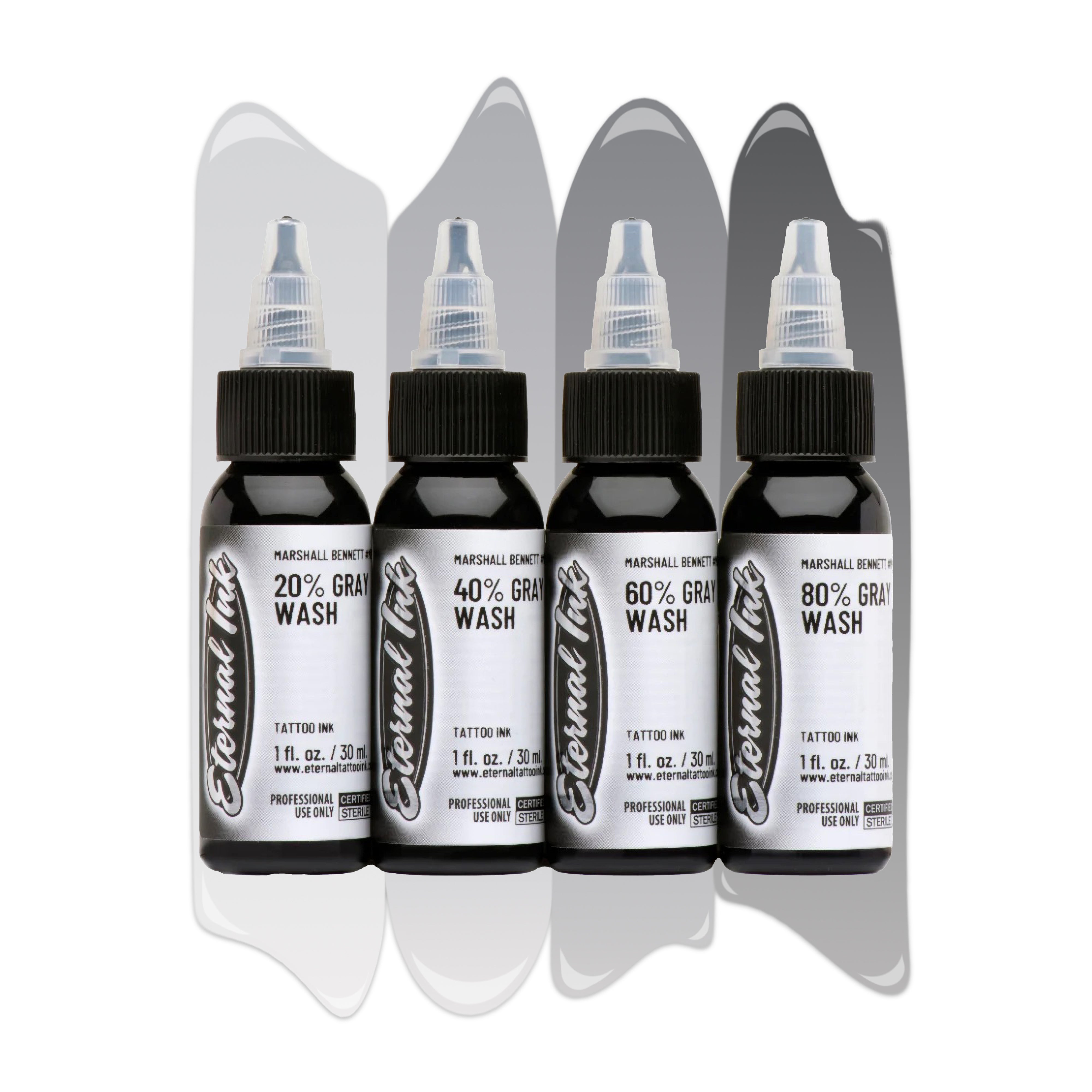 Eternal Tattoo Ink Marshall Bennett Gray Wash Set of 4 - Professional Tattoo Supplies for Artists | Perfect for Shading and Realistic Tattoo Designs