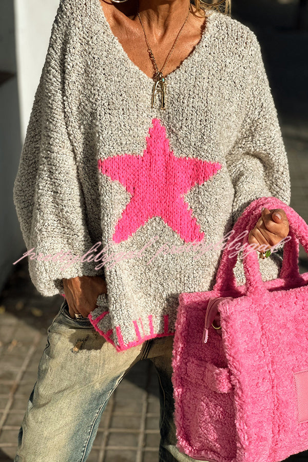 Cozy Winter Knit Sweater with Star Pattern & Contrast Colors - Loose Fit for Casual Outings, Holiday Gatherings & Cold Weather Fashion