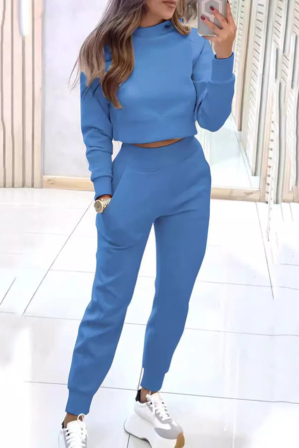 Solid Color Loose Long Sleeve Crop Top & Elastic Waist Pocket Casual Pants Set - Women's Comfortable Lounge Wear for Yoga, Home, and Everyday Outfits