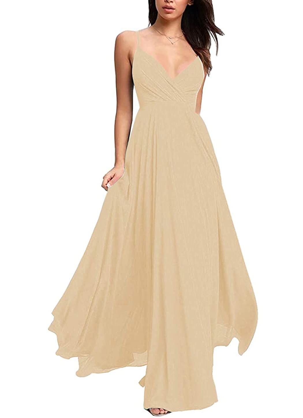 Clovile Women's V-Neck Long Chiffon Bridesmaid Dress with Spaghetti Straps - A-Line Formal Gown for Wedding, Party & Special Occasions | Elegant Evening Wear for Bridal Shower, Prom & Black Tie Events