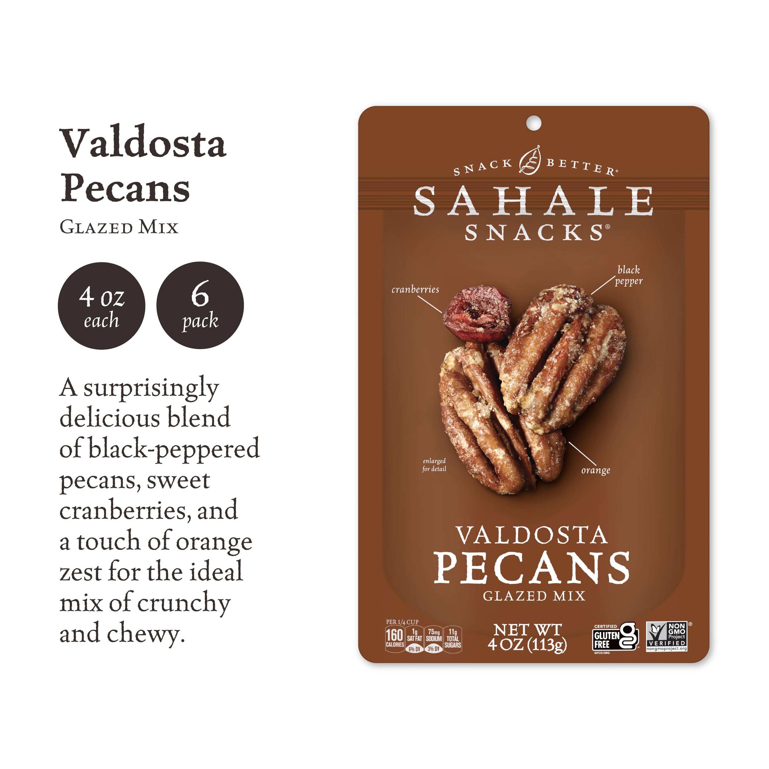 Sahale Snacks Valdosta Pecans Glazed Mix - 4oz (Pack of 6) | Premium Candied Pecans & Nuts Snack | Perfect for Office, Hiking, Travel & Gift Giving