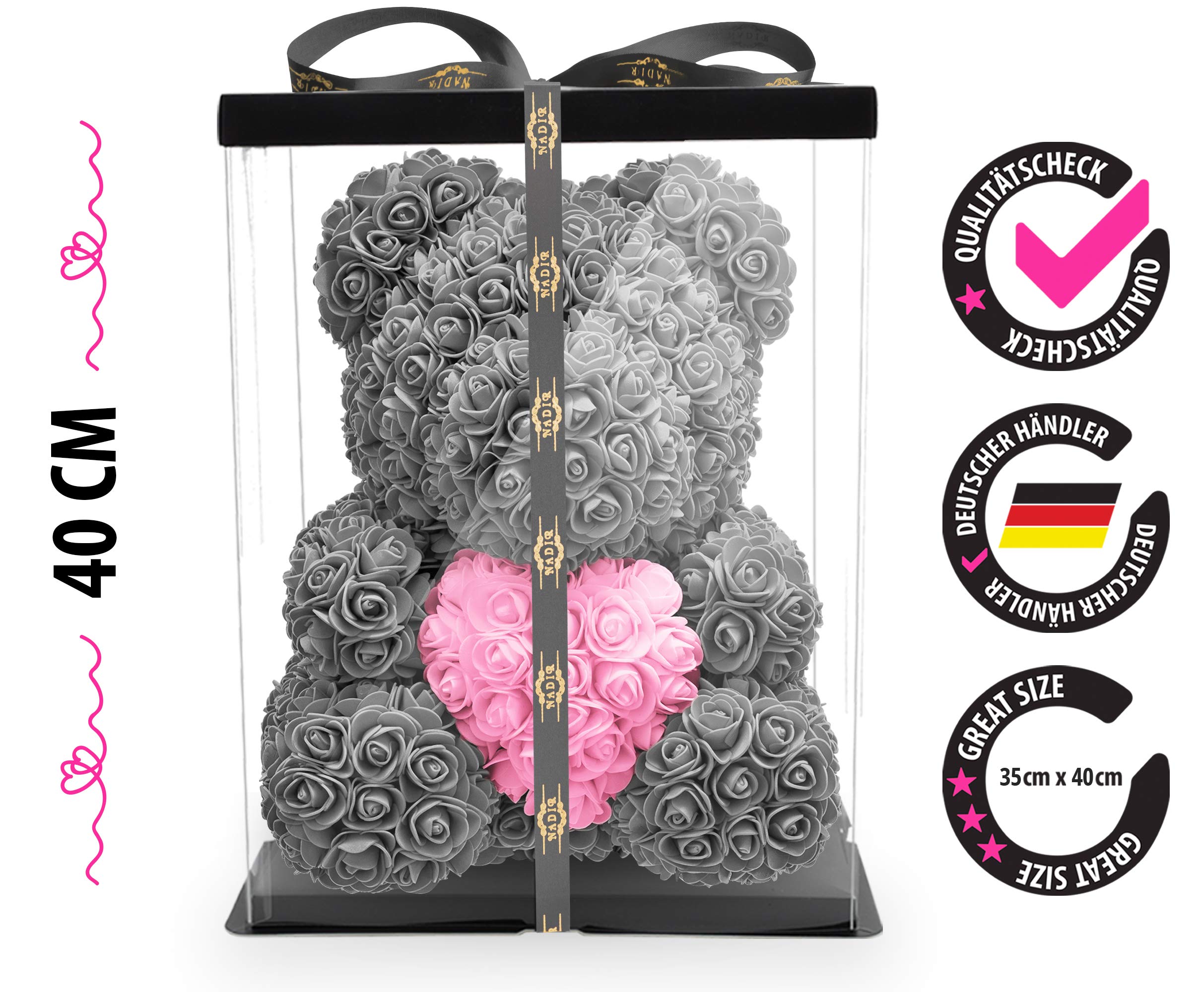 NADIR Flower Bear with Heart - Pre-Wrapped Gift Box Included | Infinity Rose Bear Teddy with Roses | Perfect for Valentine's Day, Mother's Day, Birthday & Anniversary Gifts | Romantic Home Decor & Special Occasion Present