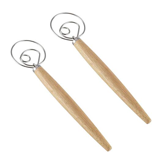 2-Pack Stainless Steel Dough Whisk Mixer with Wooden Handle - Perfect for Bread Making, Pizza Dough, Cookie Mixing & Baking Tools - Ideal for Home Bakers & Professional Kitchens