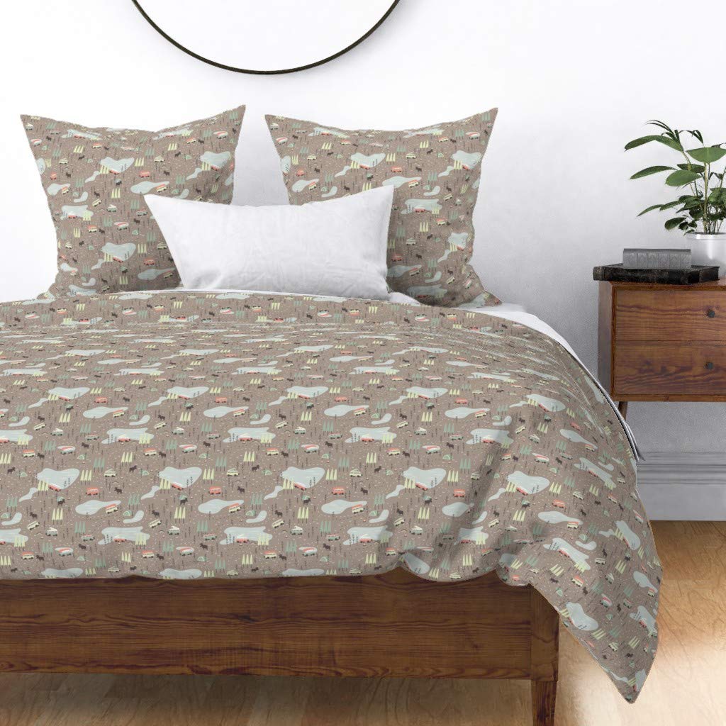 Premium Cotton Sateen Duvet Cover King/California King - Vintage Retro Nursery Car Moose Map Camping Print Custom Bedding | Soft & Breathable Bed Sheets for Cozy Cabin, Kids Room or Outdoor-Themed Decor