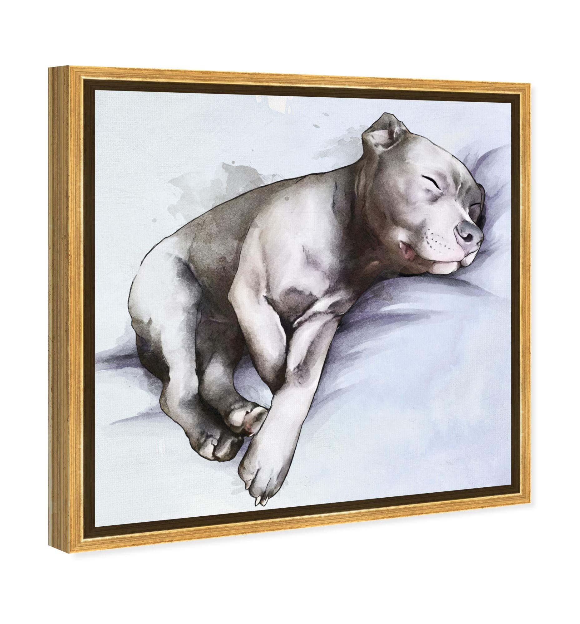 Sleeping Pitbull Framed Wall Art Canvas Print - 16x16 Inches, Gray & Blue - Modern Dog & Puppy Home Décor for Living Room, Bedroom, or Office