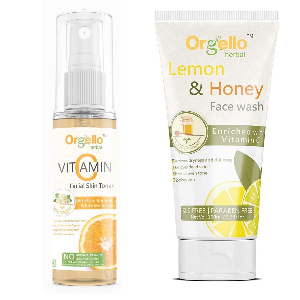 Organic Vitamin C Facial Toner & Lemon Honey Face Wash Set (100ml x 2) - SLS, Paraben & Mineral Oil Free for All Skin Types - Brightening & Hydrating Skincare Routine for Men & Women