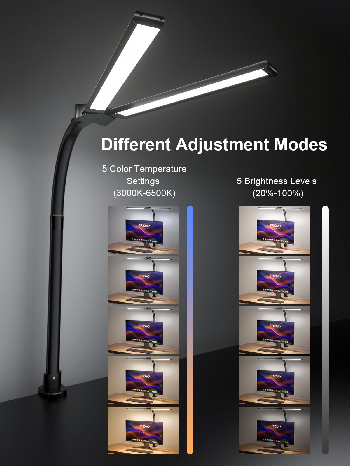 Double Swing Arm LED Desk Lamp with Clamp - 24W Ultra Bright Auto Dimming Table Light with RGB Mood Lighting, Multi-Angle Adjustable Touch Control for Home Office, Study, Gaming & Reading