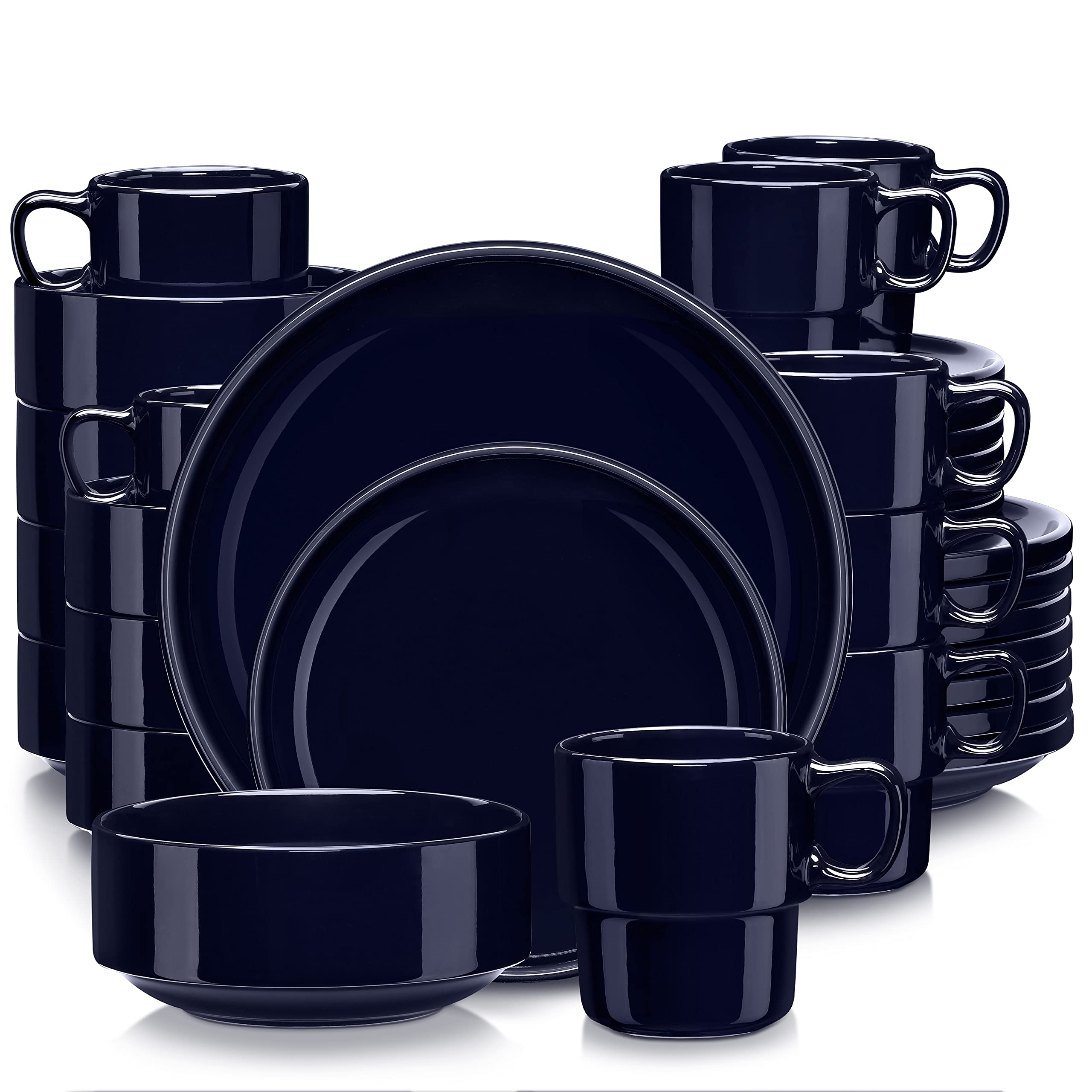 LOVECASA 32-Piece Round Porcelain Dinnerware Set for 8 - Ceramic Dish Set Includes Dinner Plates, Dessert Plates, Bowls & Mugs - Dishwasher & Microwave Safe Dark Blue - Perfect for Family Dinners, Restaurants & Entertaining Guests