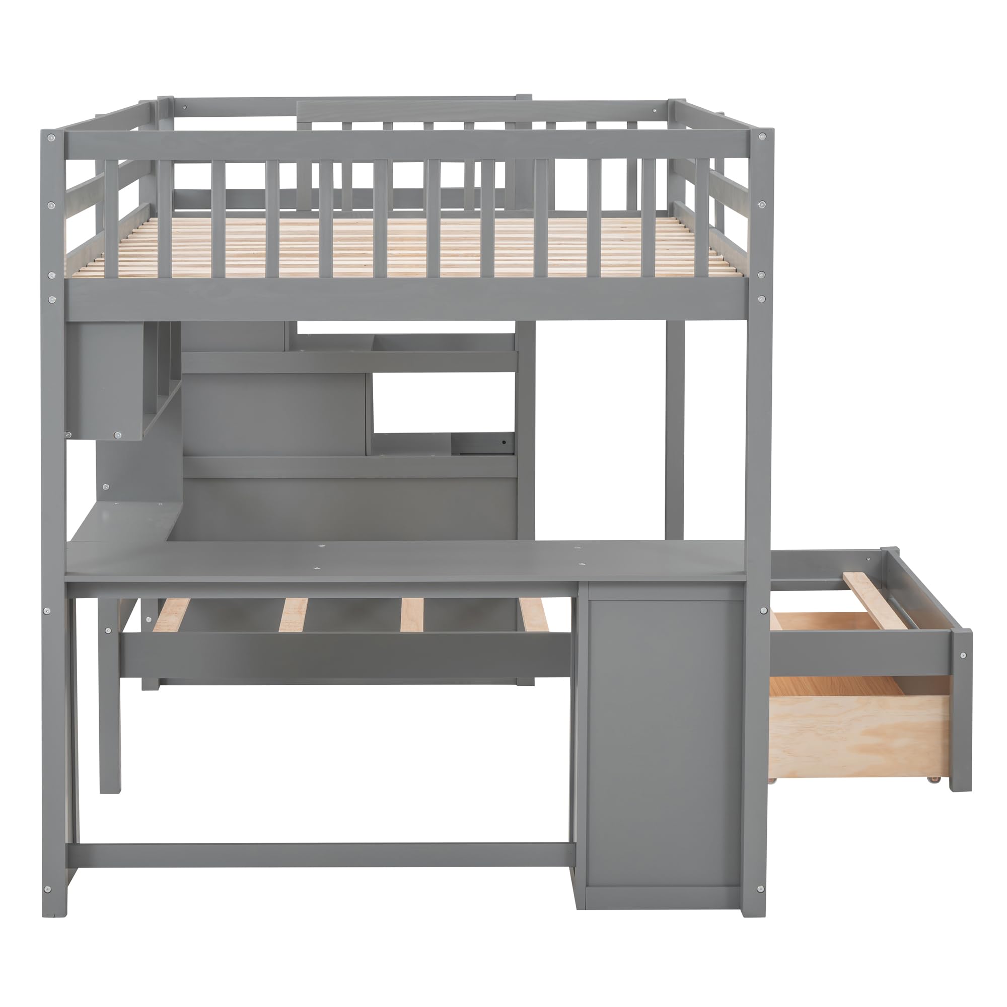 Harper & Bright Designs Full Over Twin Bunk Bed with Stairs - Space-Saving Wooden Loft Bed Frame with Storage Drawers, Desk & Shelves - Perfect for Kids' Bedroom, Dorm Room & Small Spaces (Gray)