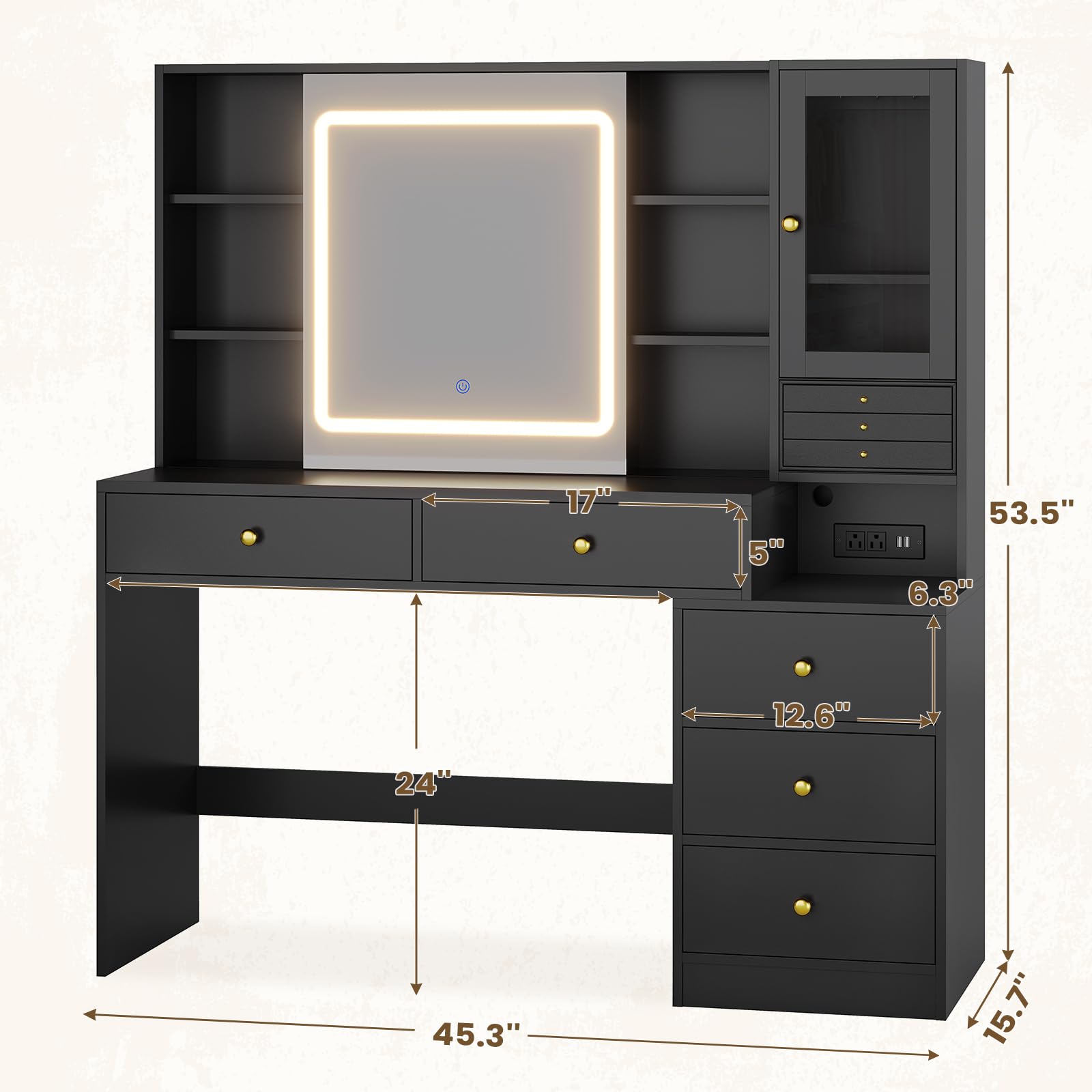 Modern Black Makeup Vanity Desk with LED Lighted Sliding Mirror & Jewelry Organizer - 5-Drawer Dressing Table for Beauty & Cosmetics Organization - Perfect for Bedroom, Dorm, or Salon Makeup Station