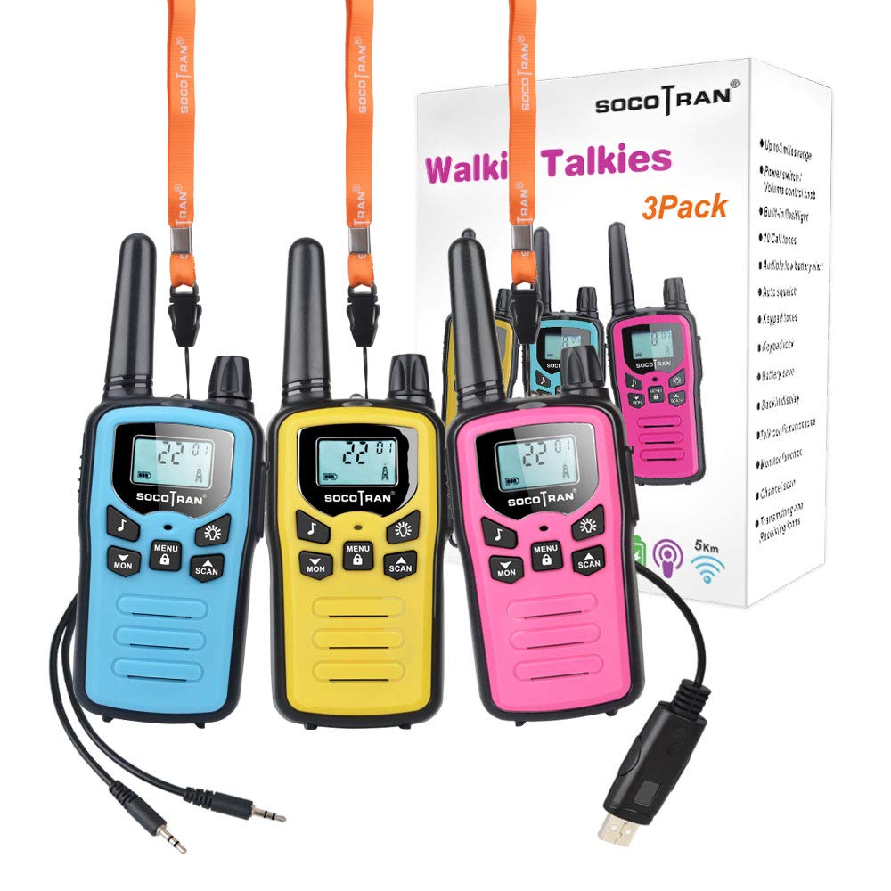Rechargeable Walkie Talkies for Adults - 3 Pack Long Range Two-Way Radios (5 Miles) with USB Charging Cable - Blue, Yellow, Pink - Perfect for Camping, Hiking, Outdoor Adventures & Emergency Communication
