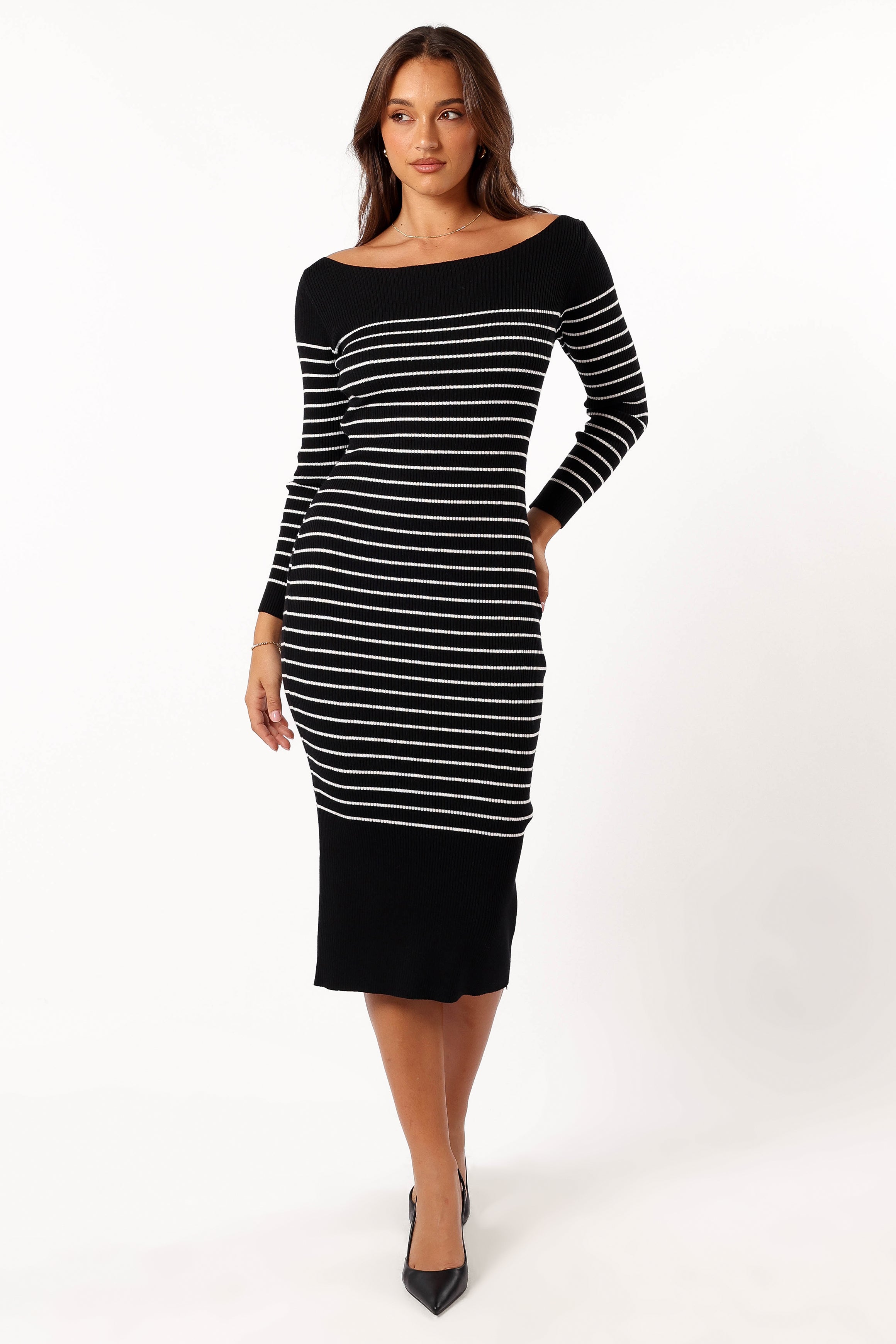 Baxtor Off The Shoulder Midi Dress for Women - Elegant White & Black Flowy Summer Dress for Beach, Party & Date Night