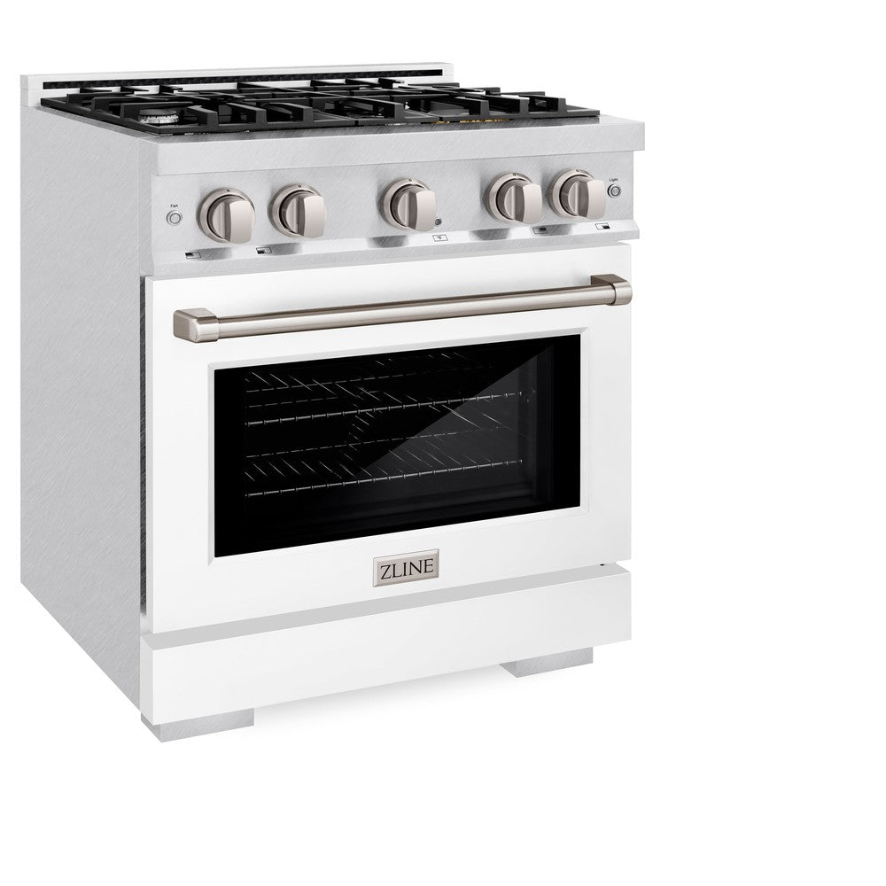 ZLINE 30 Inch 4.2 Cu Ft Gas Range with 4 Burner Cooktop & Convection Oven - Satin Stainless Steel with White Matte Door (HGRS WM 30) | Professional Kitchen Appliance for Home Cooking & Baking