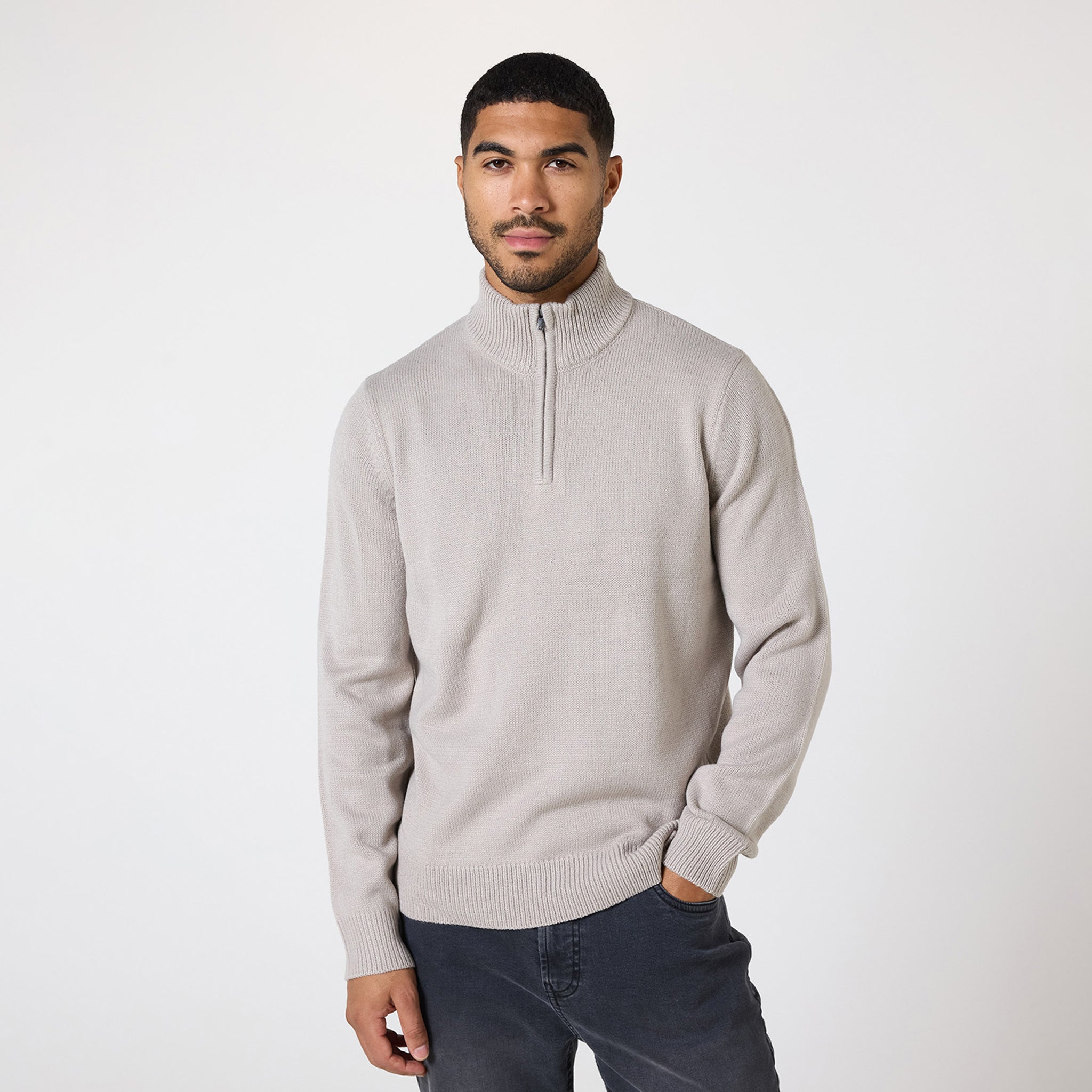 Men's Knit 1/4 Zip Funnel Neck Pullover Sweater in Stone - Casual Winter Layering & Outdoor Activities