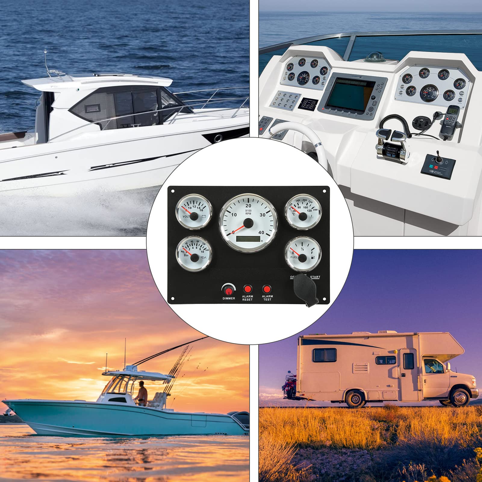 4000RPM Marine Boat Instrument Panel - 5-in-1 Dash Gauge Set with Tachometer, Fuel Level, Water Temperature, Oil Pressure & Voltmeter (White) | Perfect for Fishing Boats, Yachts & Speedboats