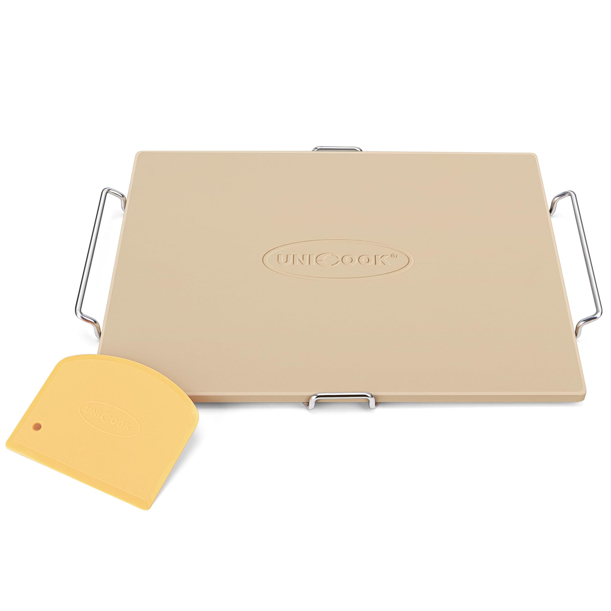 Unicook 15 x 12 Inch Cordierite Pizza Stone for Oven & Grill - Rectangular Baking Stone for Bread, Pizza, Pie & Cookies - Includes Carry Rack & Dough Scraper - Perfect for Home Baking, Outdoor Grilling & Restaurant Use