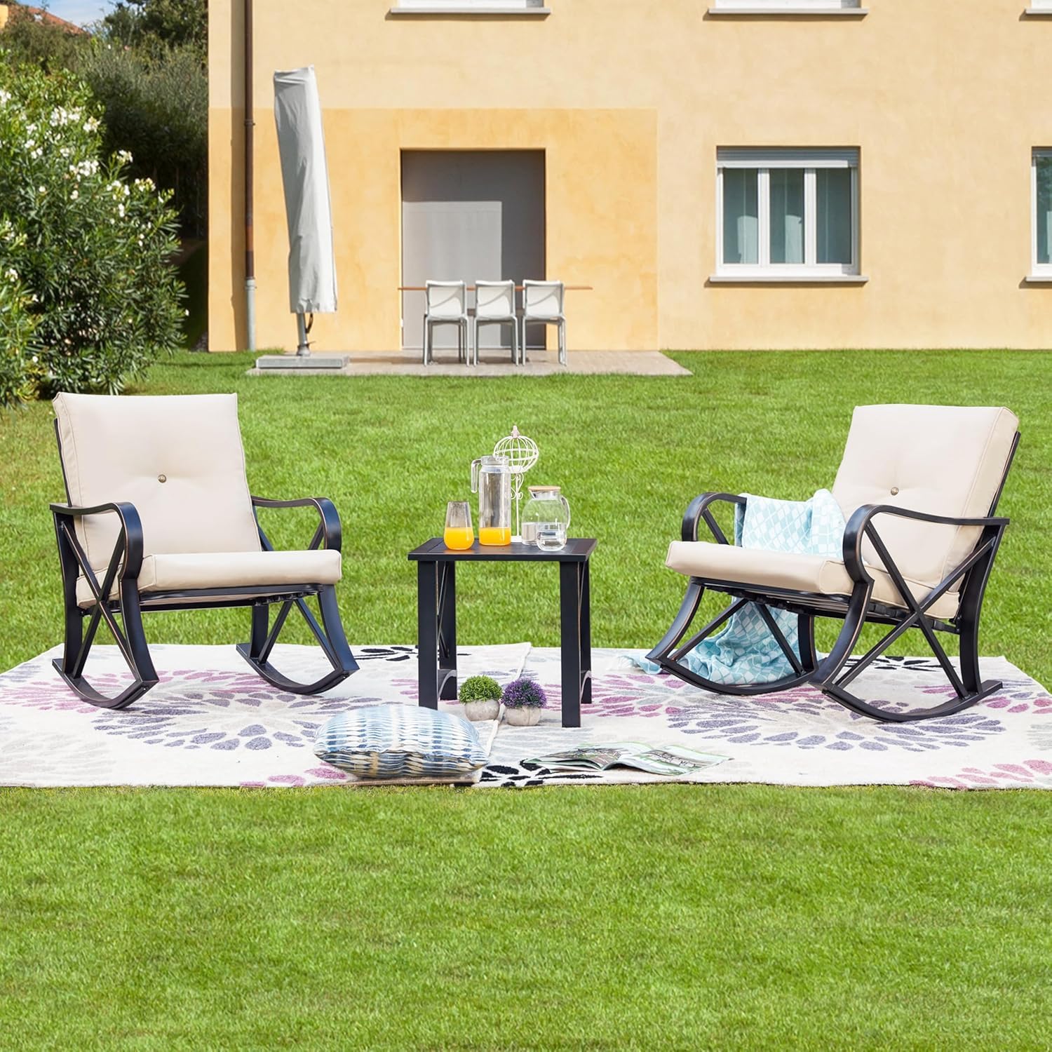 LOKATSE HOME 3-Piece Patio Furniture Set - Outdoor Rocking Chairs with Thick Cushions & Square Coffee Table, Durable Metal Steel Frame, Khaki - Perfect for Garden, Backyard, Porch and Balcony Relaxation