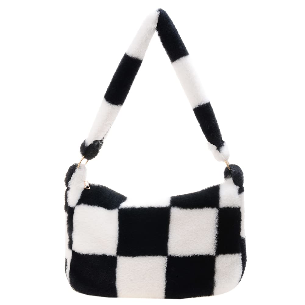Fluffy Faux Fur Tote Bag for Women - Black & White Checkered Plush Shoulder Bag - Large Soft Purse for Fall & Winter - Perfect for Shopping, Travel, and Daily Use