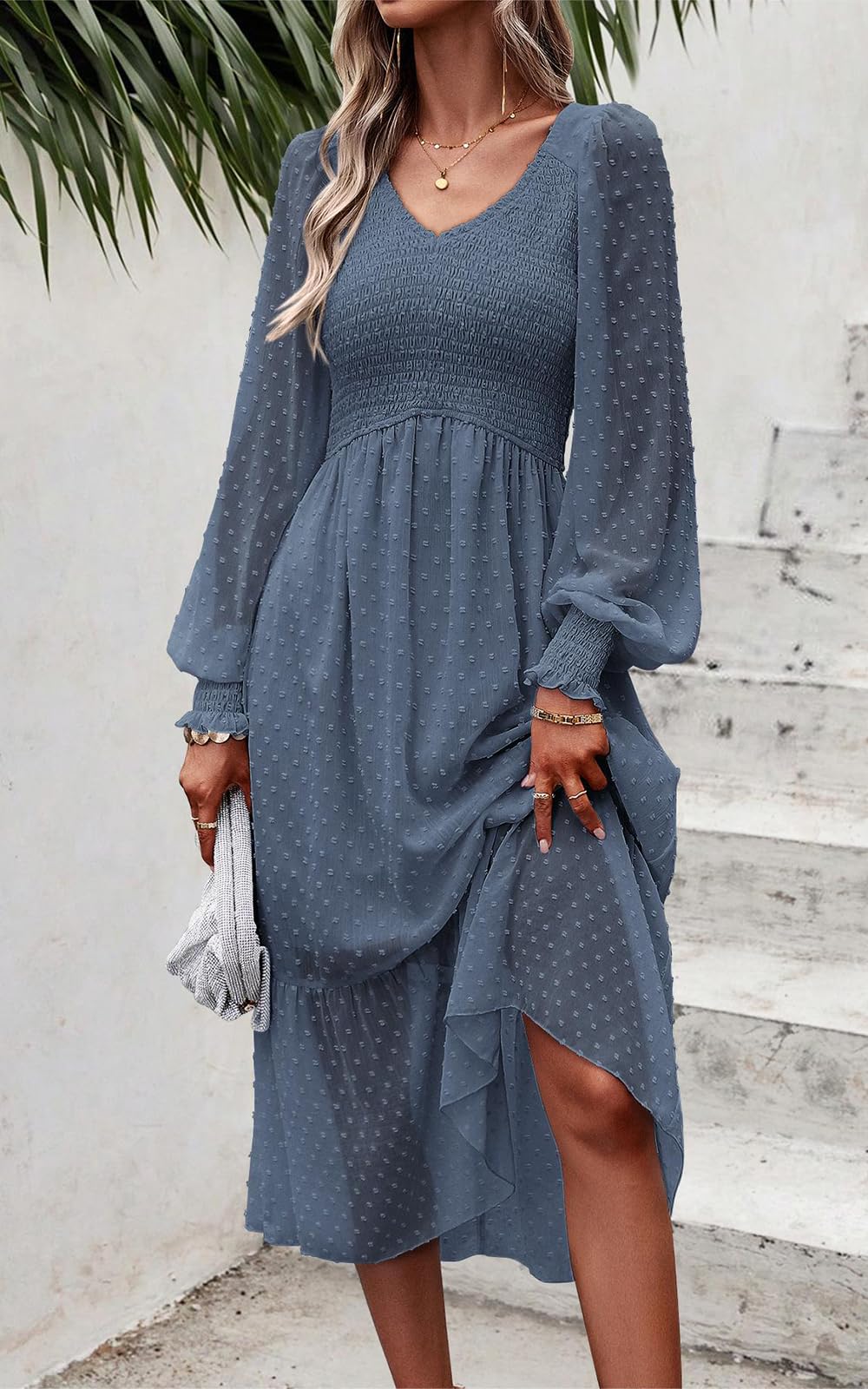 PRETTYGARDEN Women's Floral Swiss Dot Chiffon Dress 2025 - Long Sleeve V-Neck Empire Waist Ruffle Midi Dress for Spring Summer Wedding Guest Party Office Wear